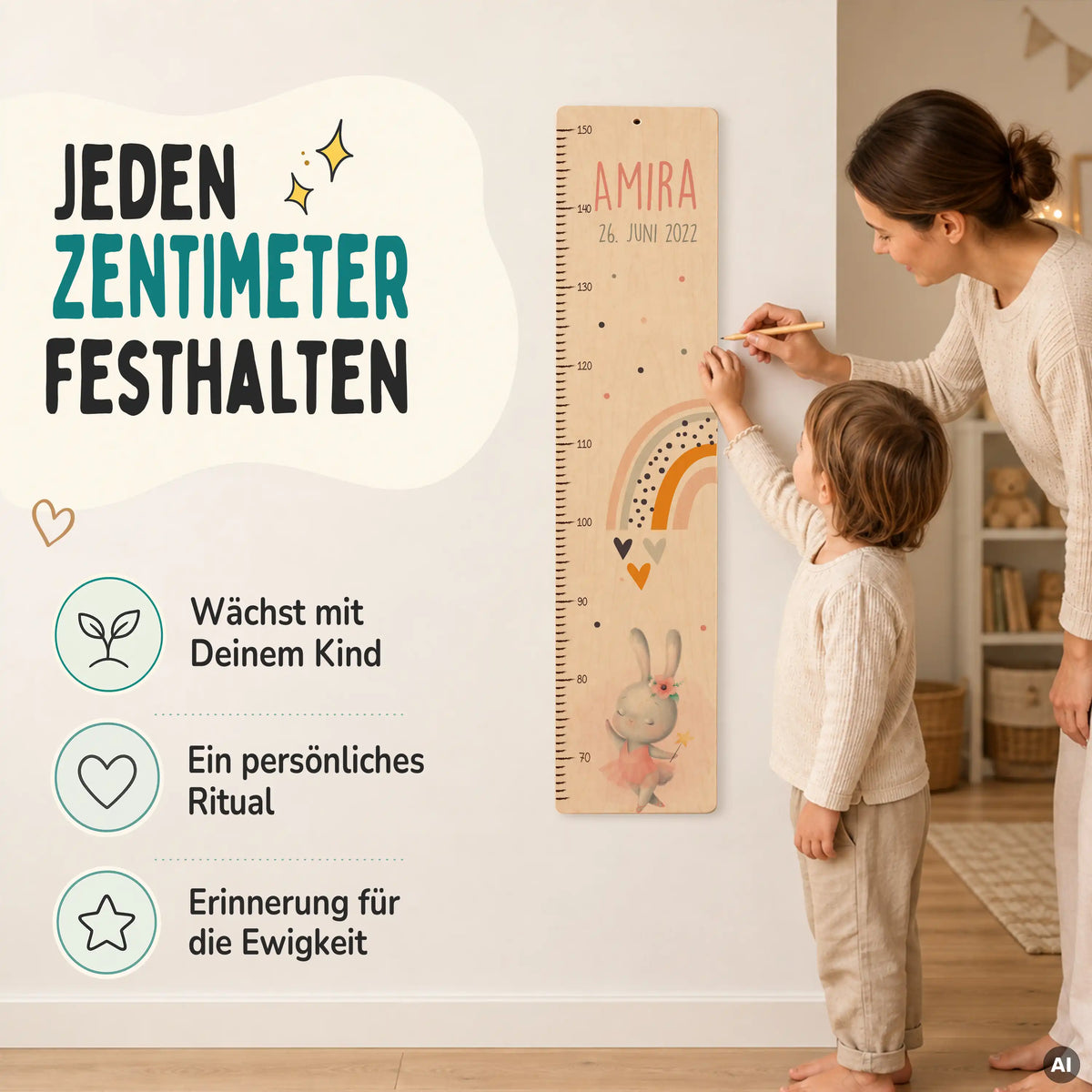 Messlatte Kinder Holz & Aluverbund - Hase & Regenbogen
