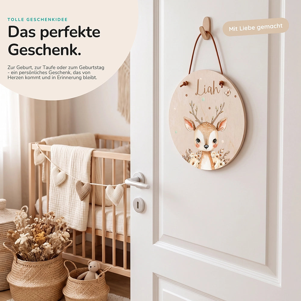 Türschild Kinderzimmer personalisiert mit Name Hirsch mit Blumen