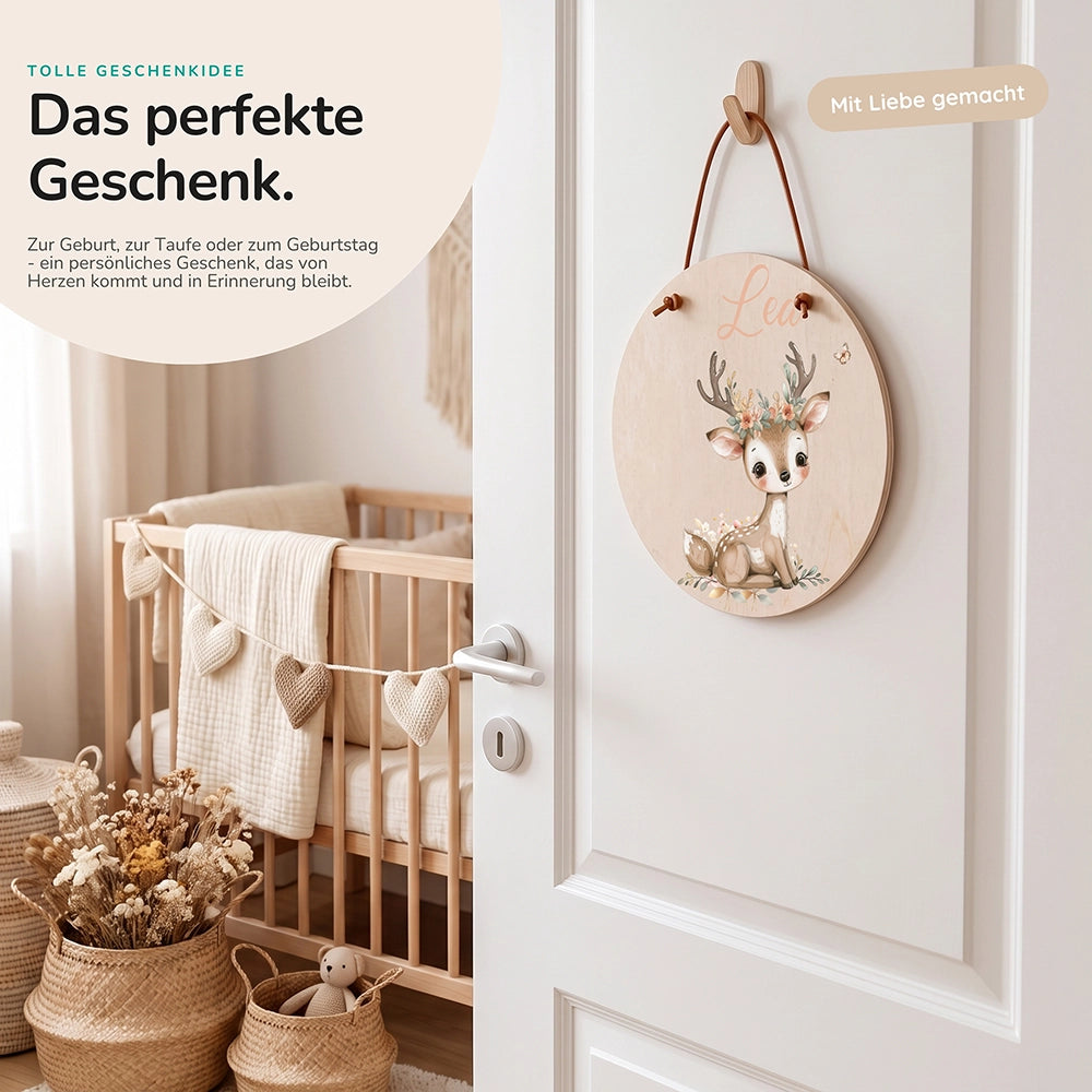 Türschild Kinderzimmer personalisiert mit Name Rehkitz mit Blumenkrone