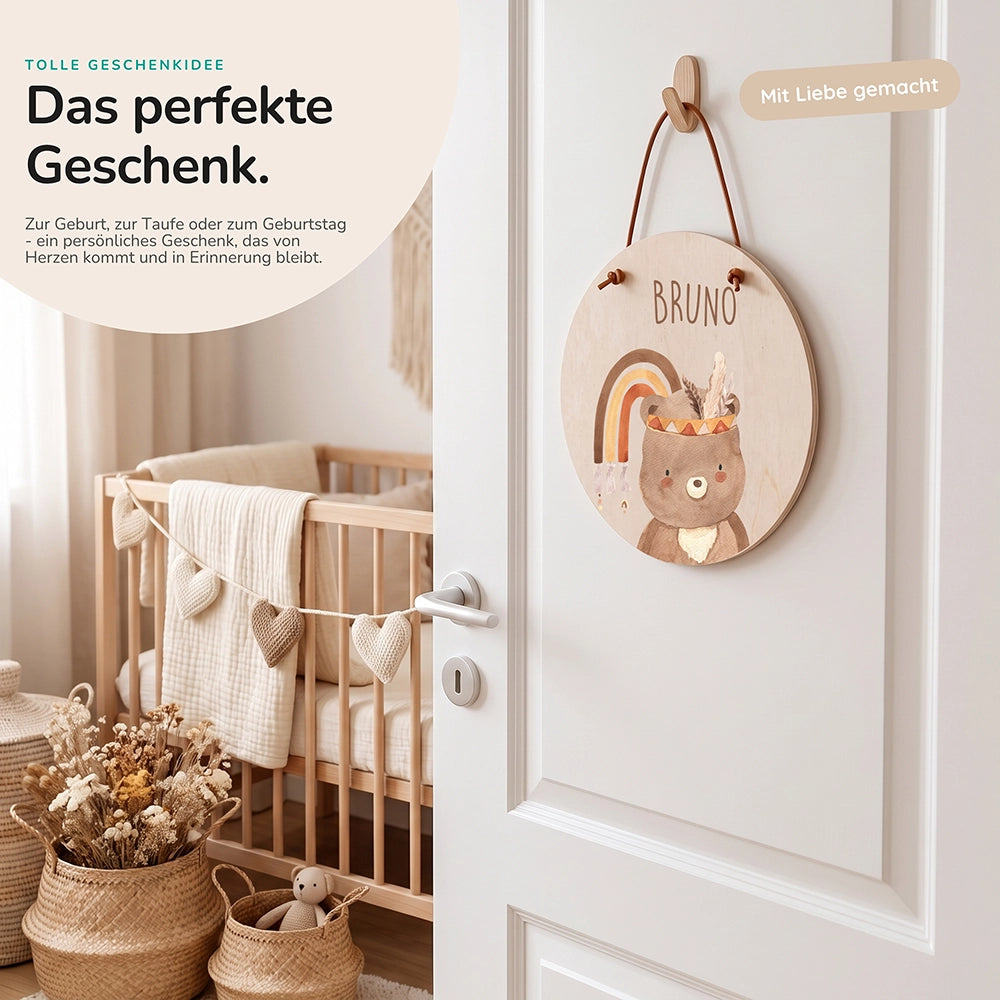 Türschild Kinderzimmer personalisiert mit Name Bär mit Regenbogen