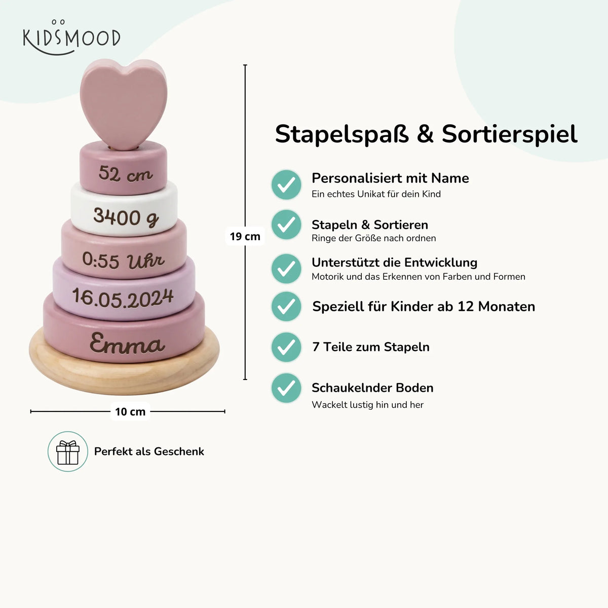 Stapelturm personalisiert in Rosa, Maße und Funktionen im Überblick