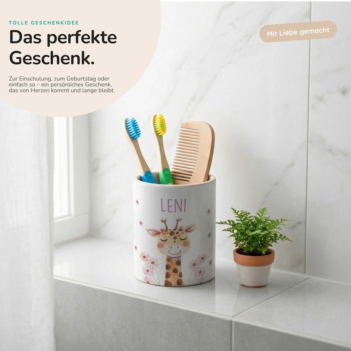 Personalisierter Stiftehalter Giraffe Blumen – Keramik mit Wunschname