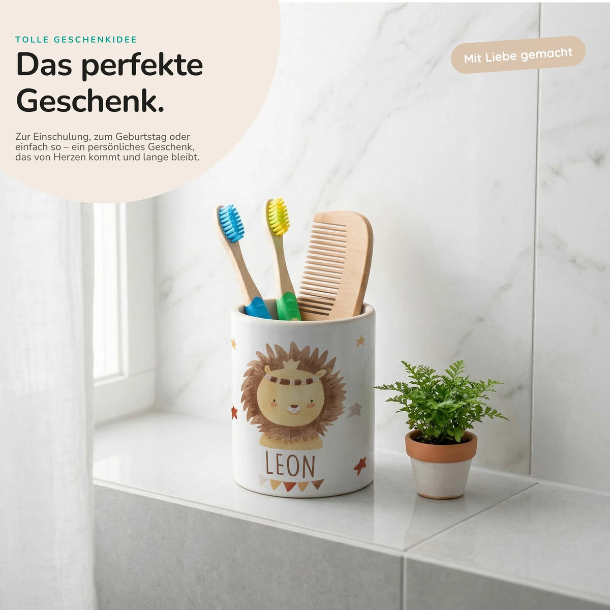 Personalisierter Stiftehalter Löwe Boho – Keramik mit Wunschname