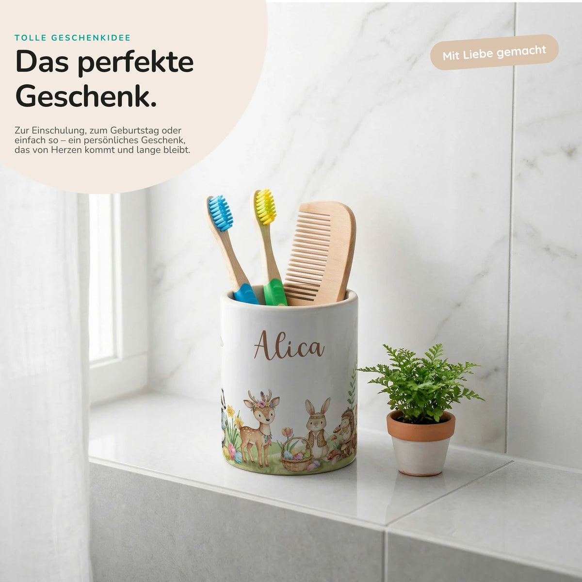 Personalisierter Stiftehalter Ostern Waldtiere-Treff – mit Wunschname