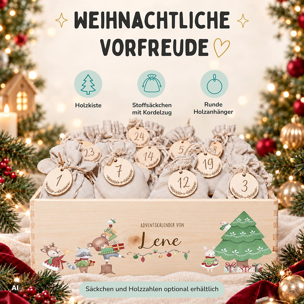Adventskalender zum Befüllen "Tiere und Weihnachtsbaum" personalisiert