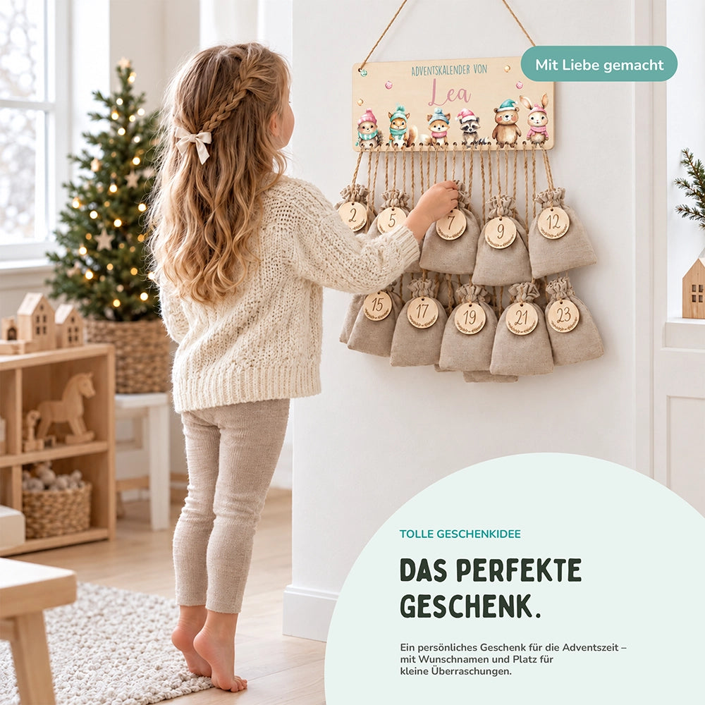 Personalisierbarer Adventskalender farbig - Glückliche Tierfamilie