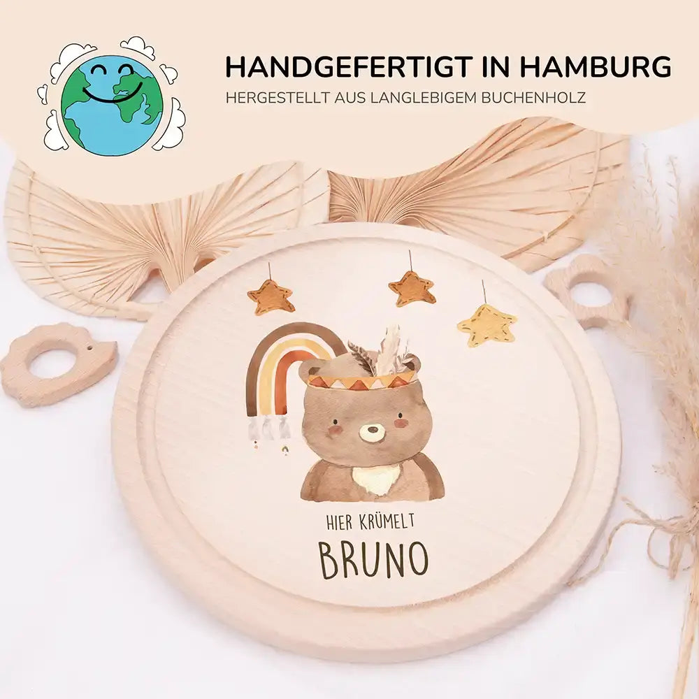 Rundes personalisiertes Frühstücksbrettchen Boho Bär mit Namen für Kinder