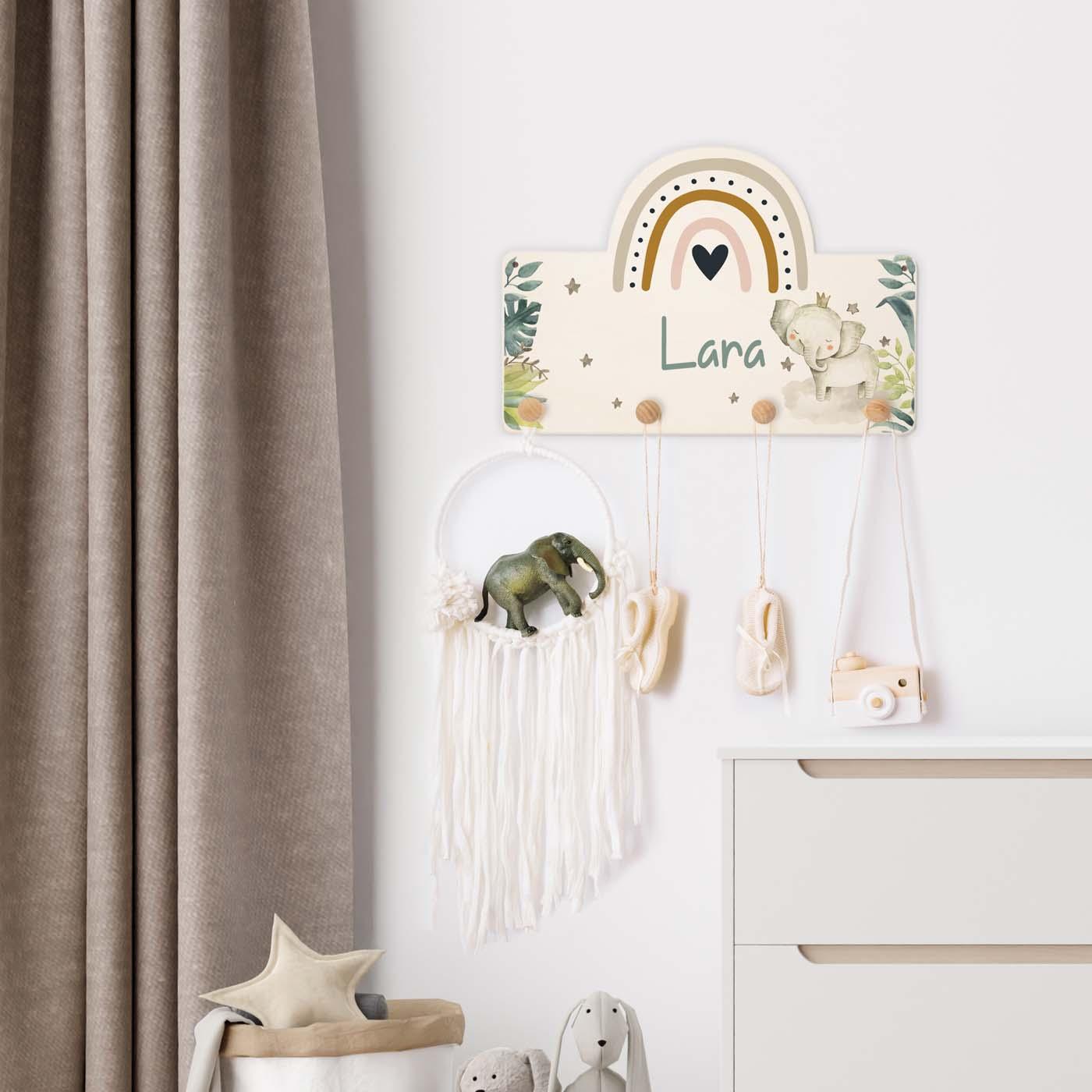 handcrafted wooden coat rack with rainbow and elephant design