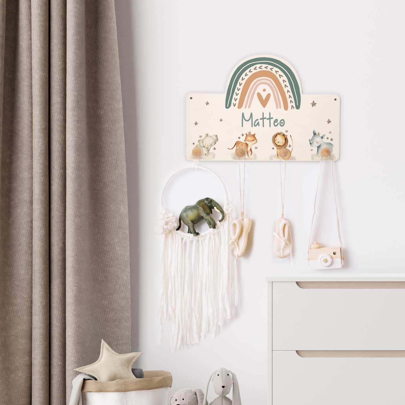 handcrafted wooden coat rack with rainbow and animal family design
