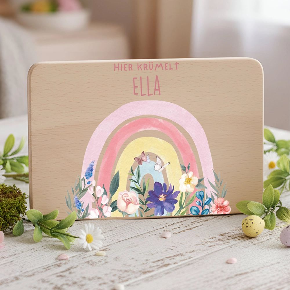 Frühstücksbrettchen Holz personalisiert - Blumen Regenbogen