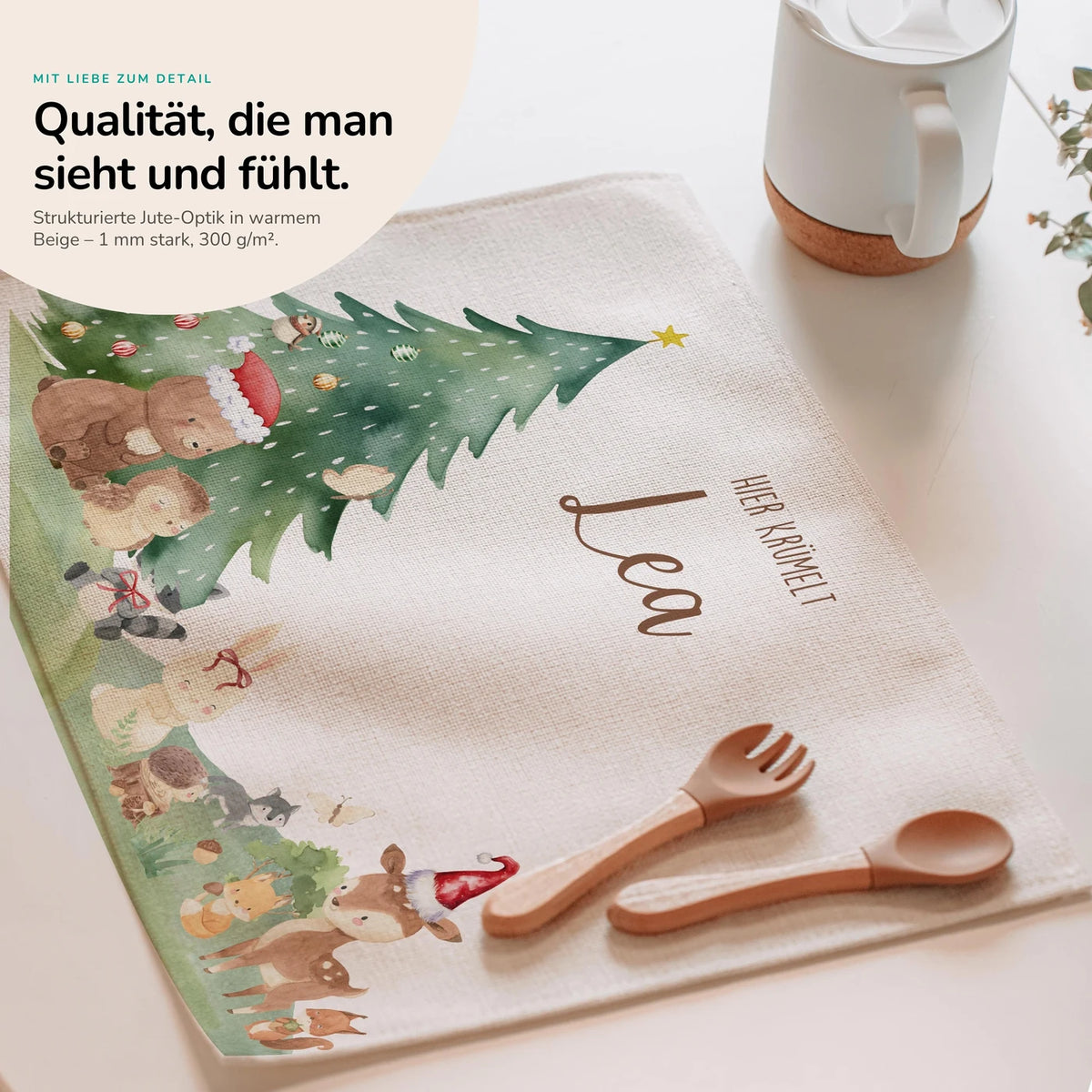 Tischset Kinder personalisiert Weihnachtsmotiv - Niedliche Waldtiere