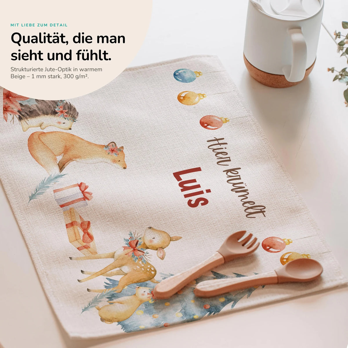 Tischset Kinder personalisiert Weihnachtsmotiv - Schneeflocken-Tierbande