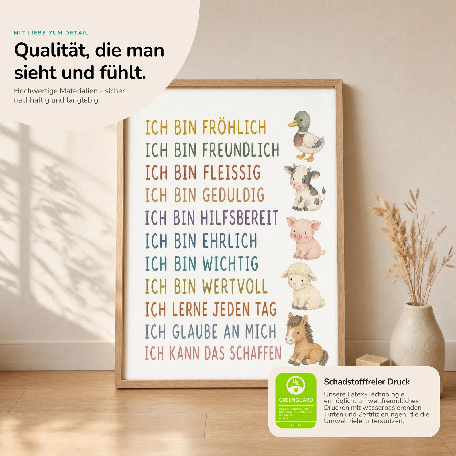 Affirmationsposter Kinderzimmer Bauernhoftiere, Nahaufnahme der Affirmationen