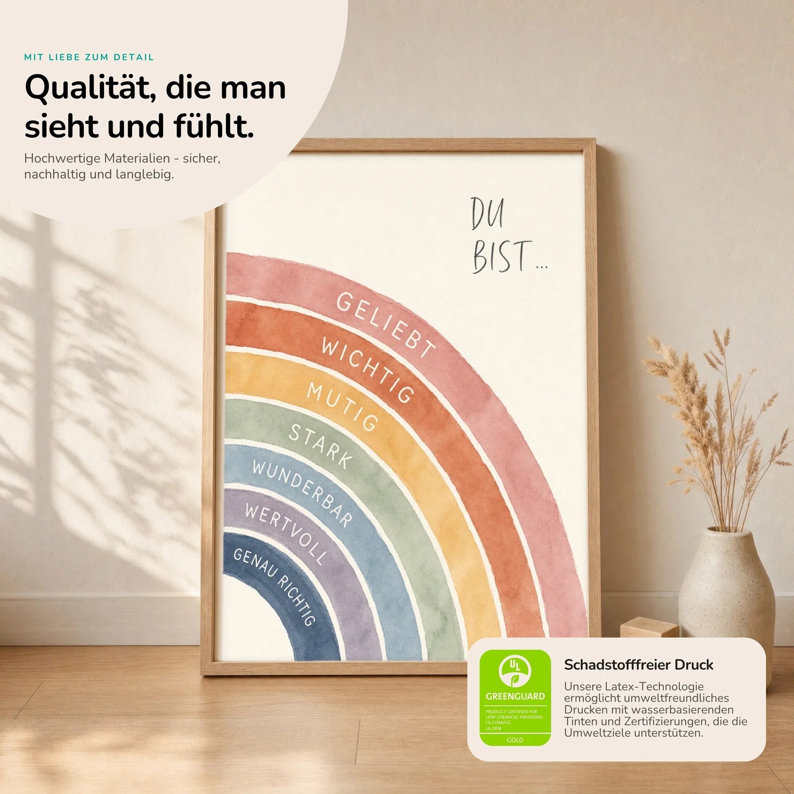 Affirmationsposter Kinderzimmer Regenbogen Du bist, Nahaufnahme der Affirmationen