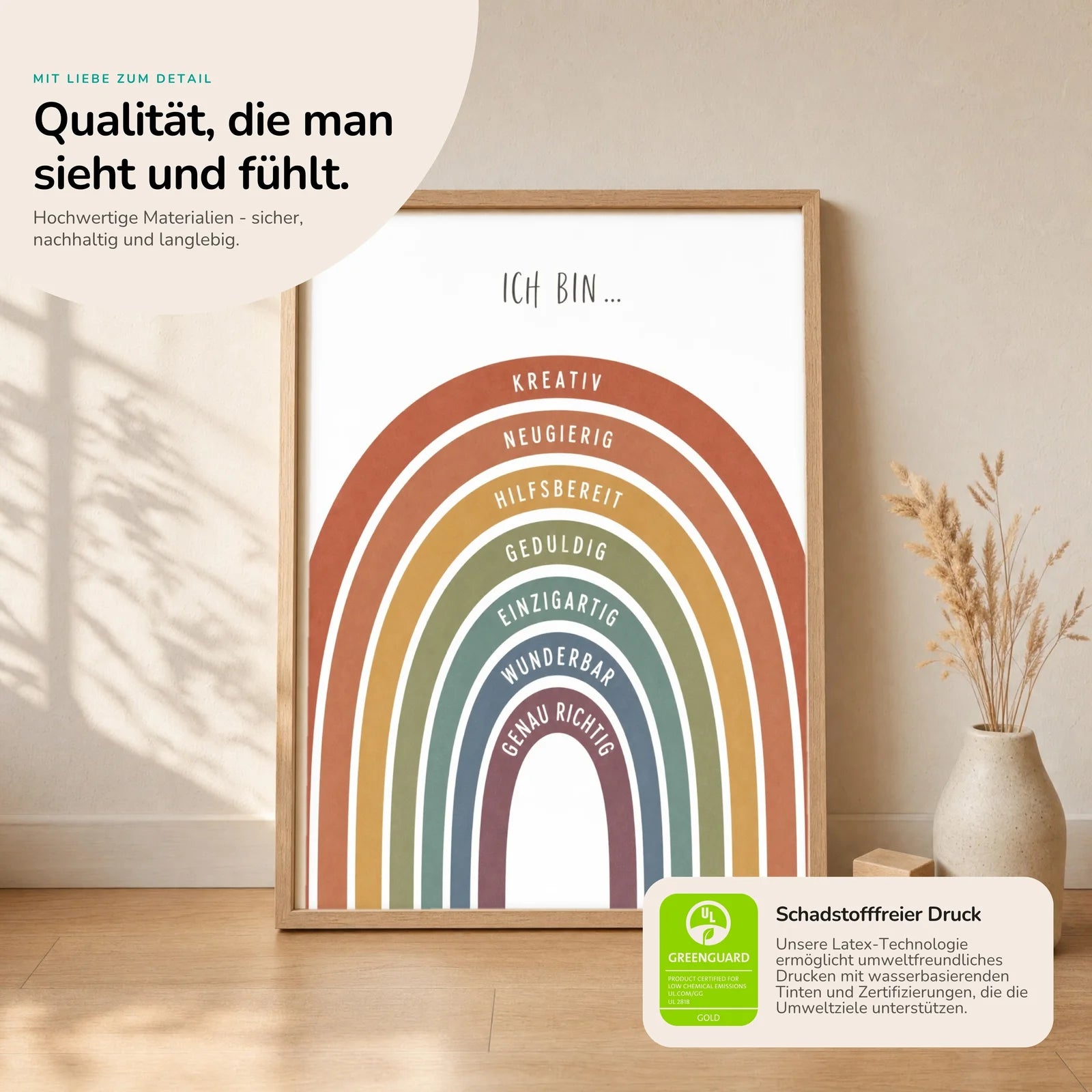 Affirmationsposter Kinderzimmer Regenbogen Terracotta, Nahaufnahme der Affirmationen
