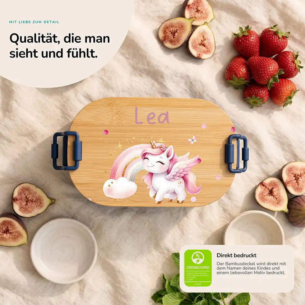 Brotdose Kinder personalisiert Einhorn Regenbogen, Bambusdeckel direkt bedruckt mit Wunschname