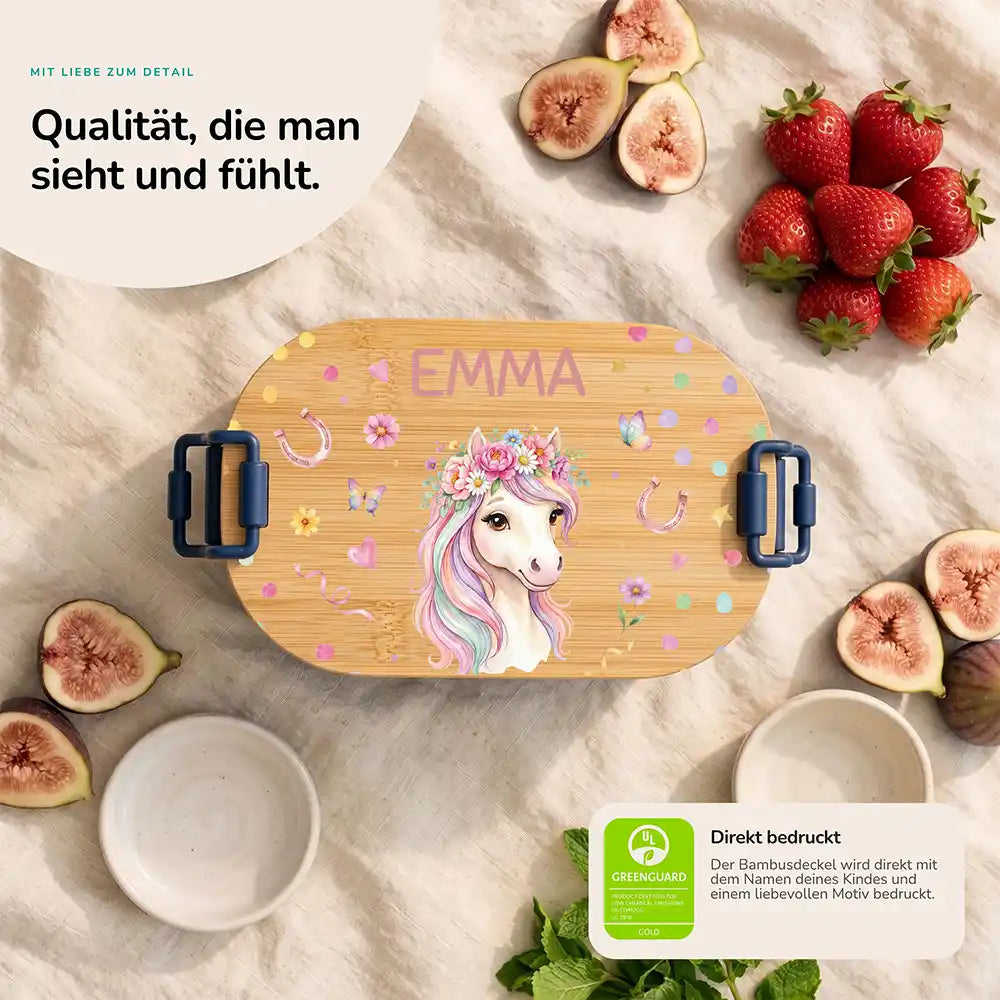 Brotdose Kinder personalisiert Einhorn Blumenkranz, Bambusdeckel direkt bedruckt mit Wunschname