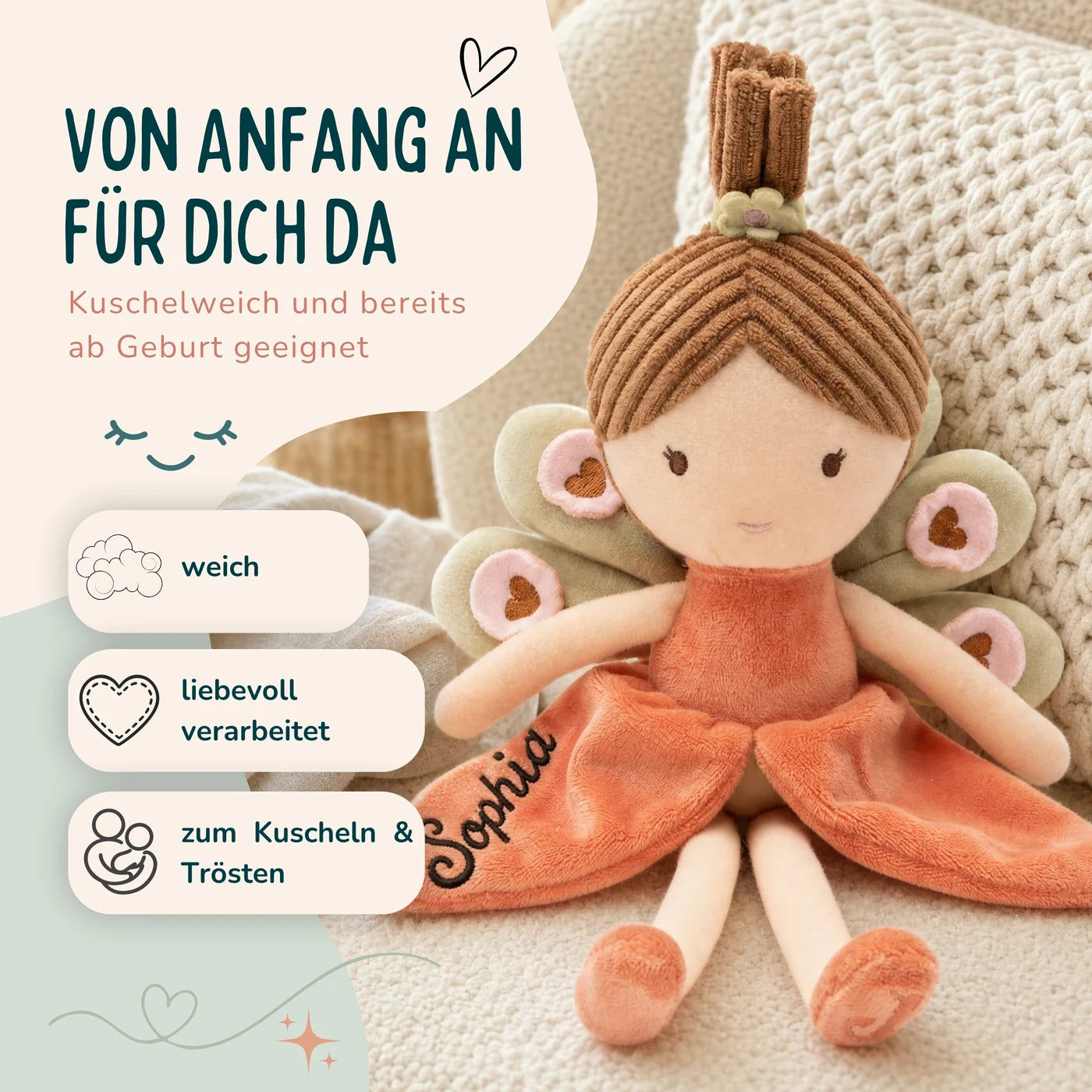 Jollein Stoffpuppe Fee Koralle, kuschelweich und bereits ab Geburt geeignet