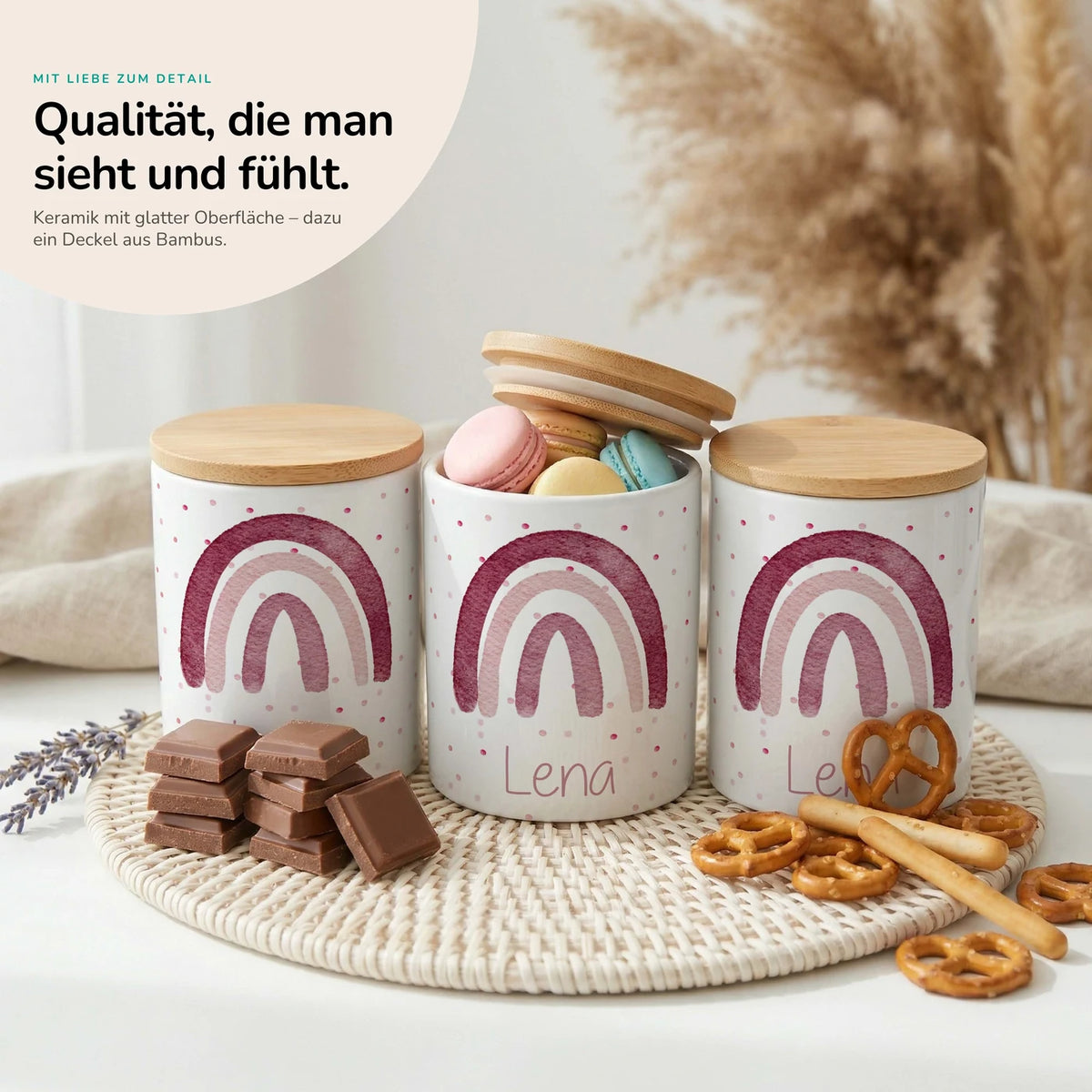 Personalisierte Keksdose Regenbogen Rosa – Keramik & Bambus mit Wunschname