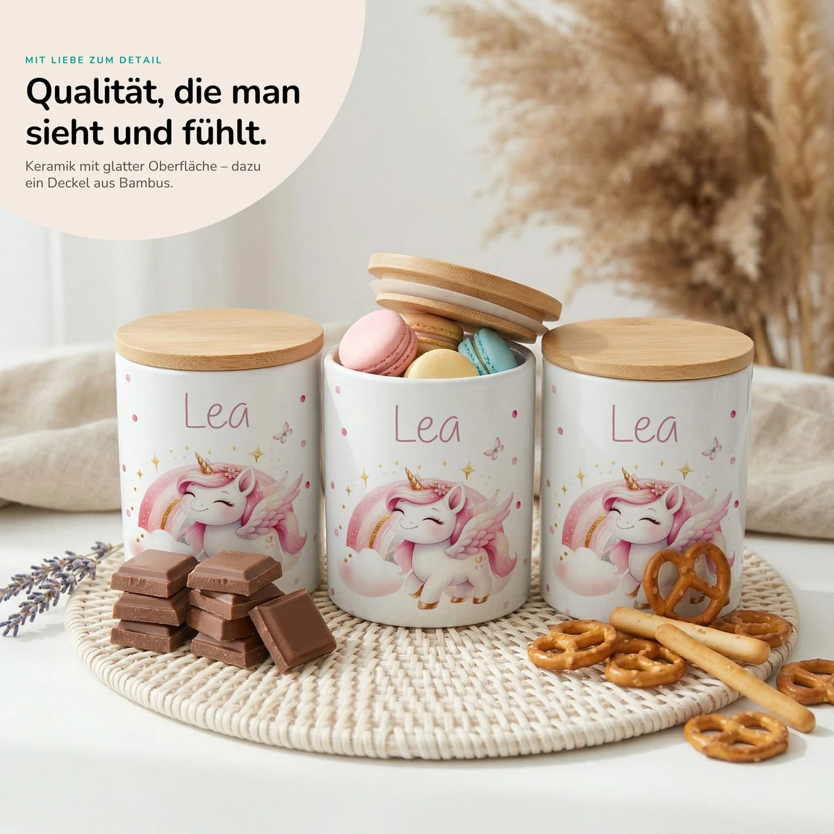 Personalisierte Keksdose Einhorn Flügel – Keramik & Bambus mit Wunschname