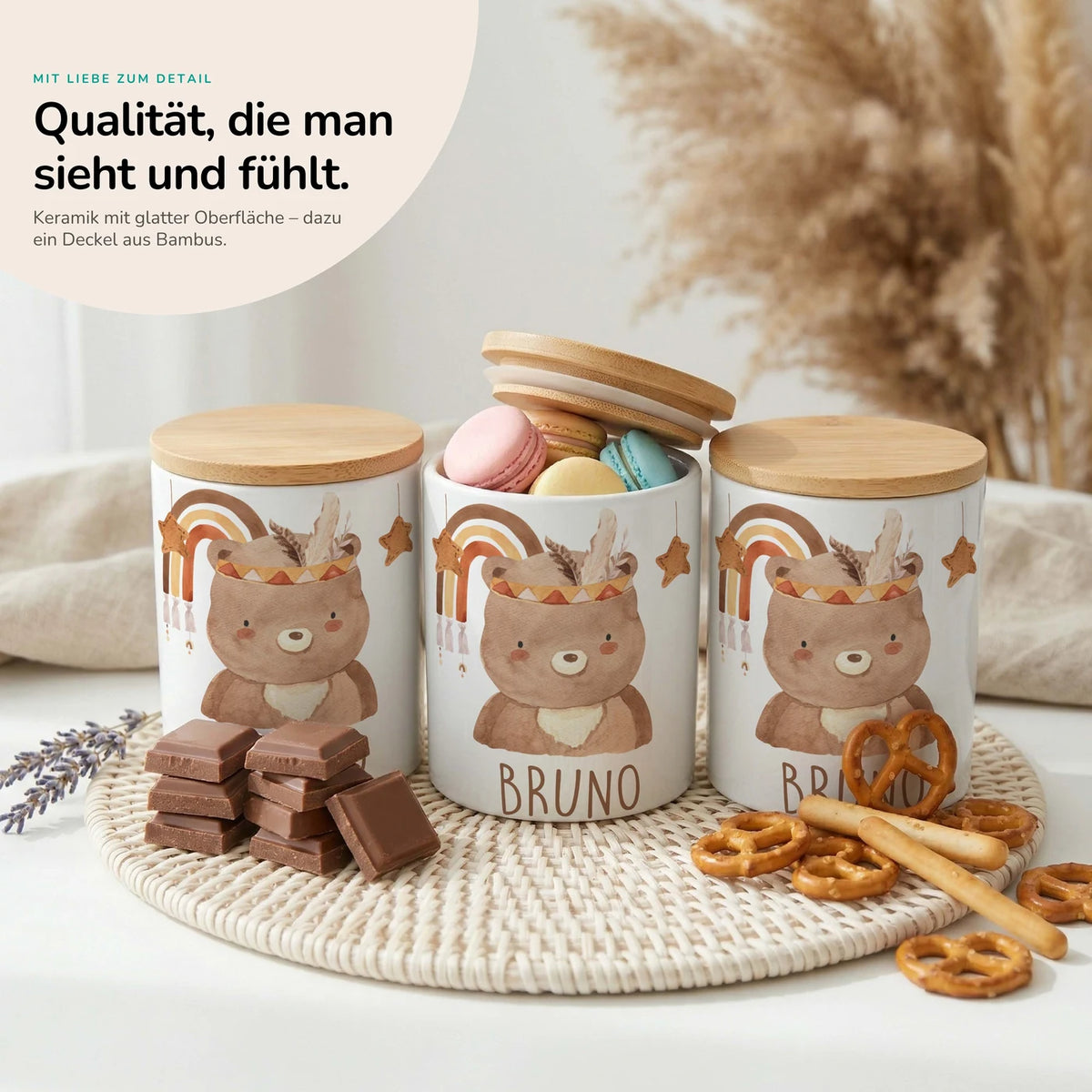 Personalisierte Keksdose Boho-Bär – Keramik & Bambus mit Wunschname
