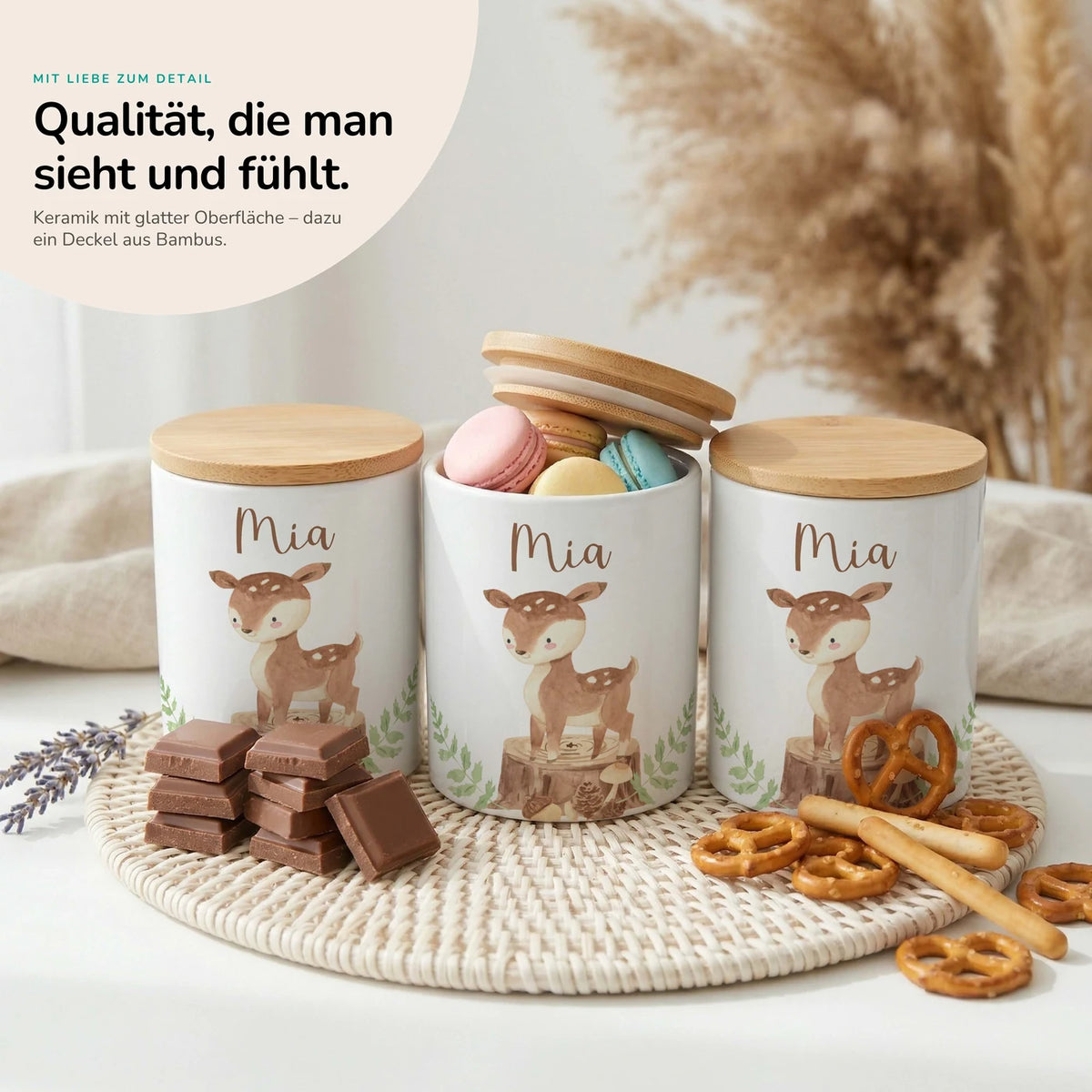 Personalisierte Keksdose Rehkitz Wald – Keramik & Bambus mit Wunschname