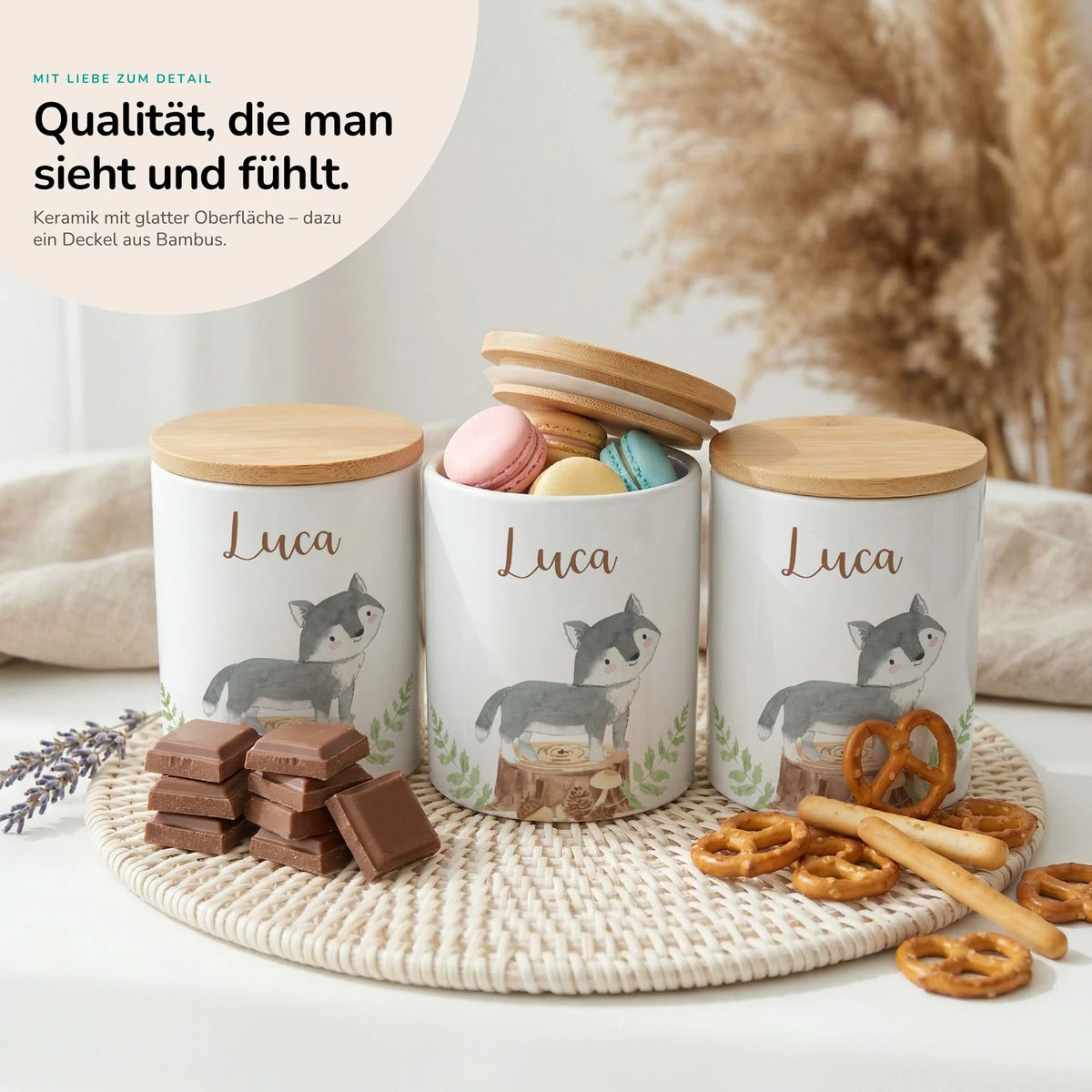 Personalisierte Keksdose Wolf Wald – Keramik & Bambus mit Wunschname