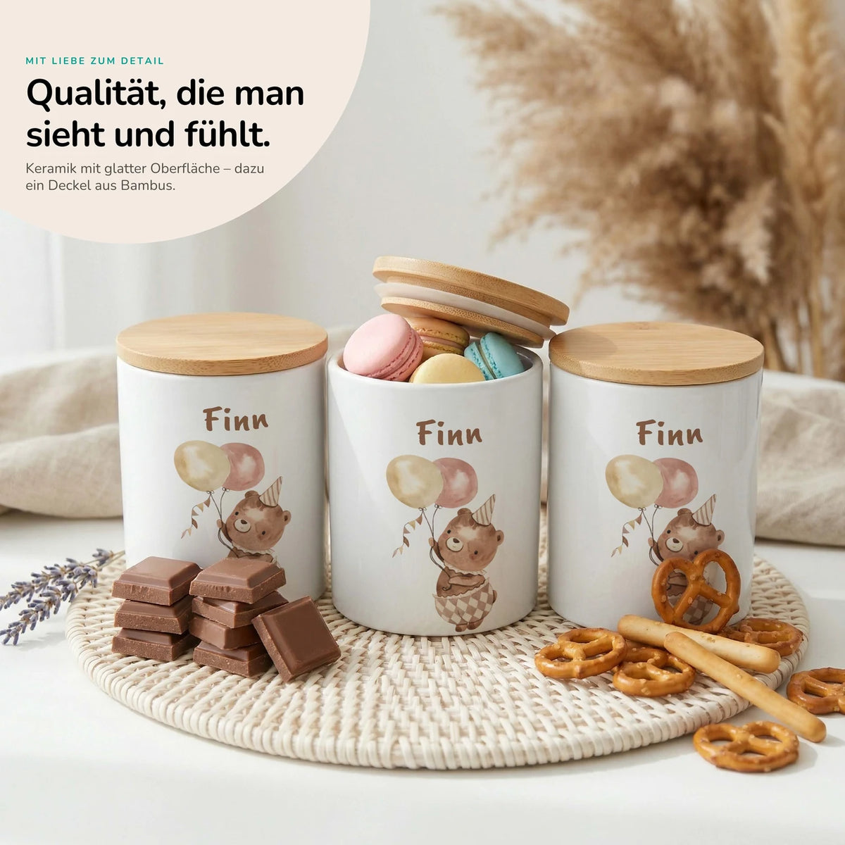 Personalisierte Keksdose Bär Geburtstag – Keramik & Bambus mit Wunschname