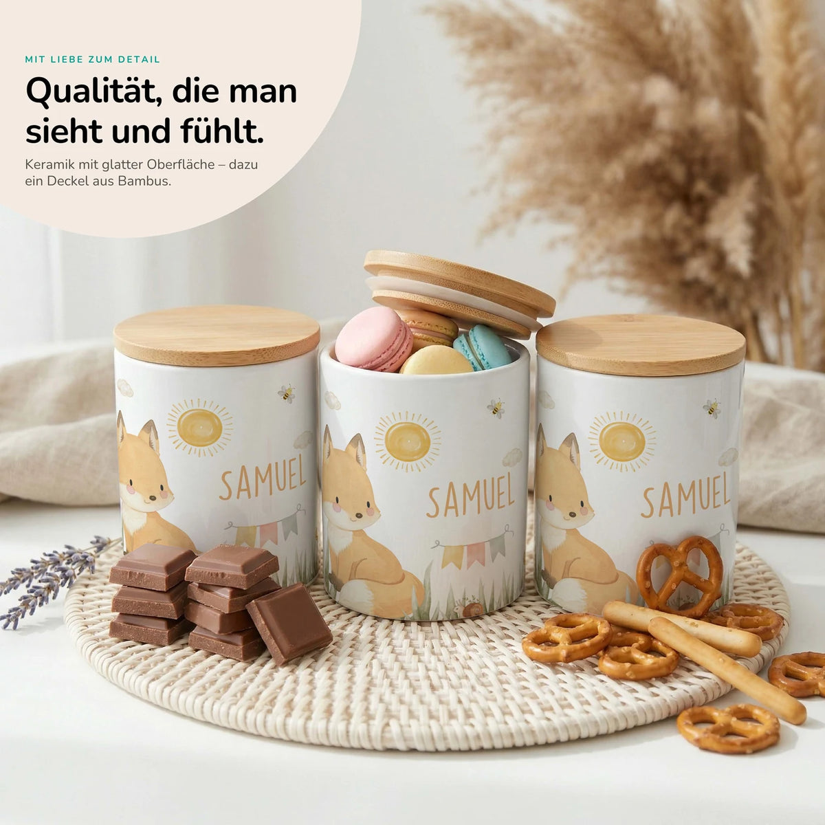 Personalisierte Keksdose Fuchs Sommer – Keramik & Bambus mit Wunschname