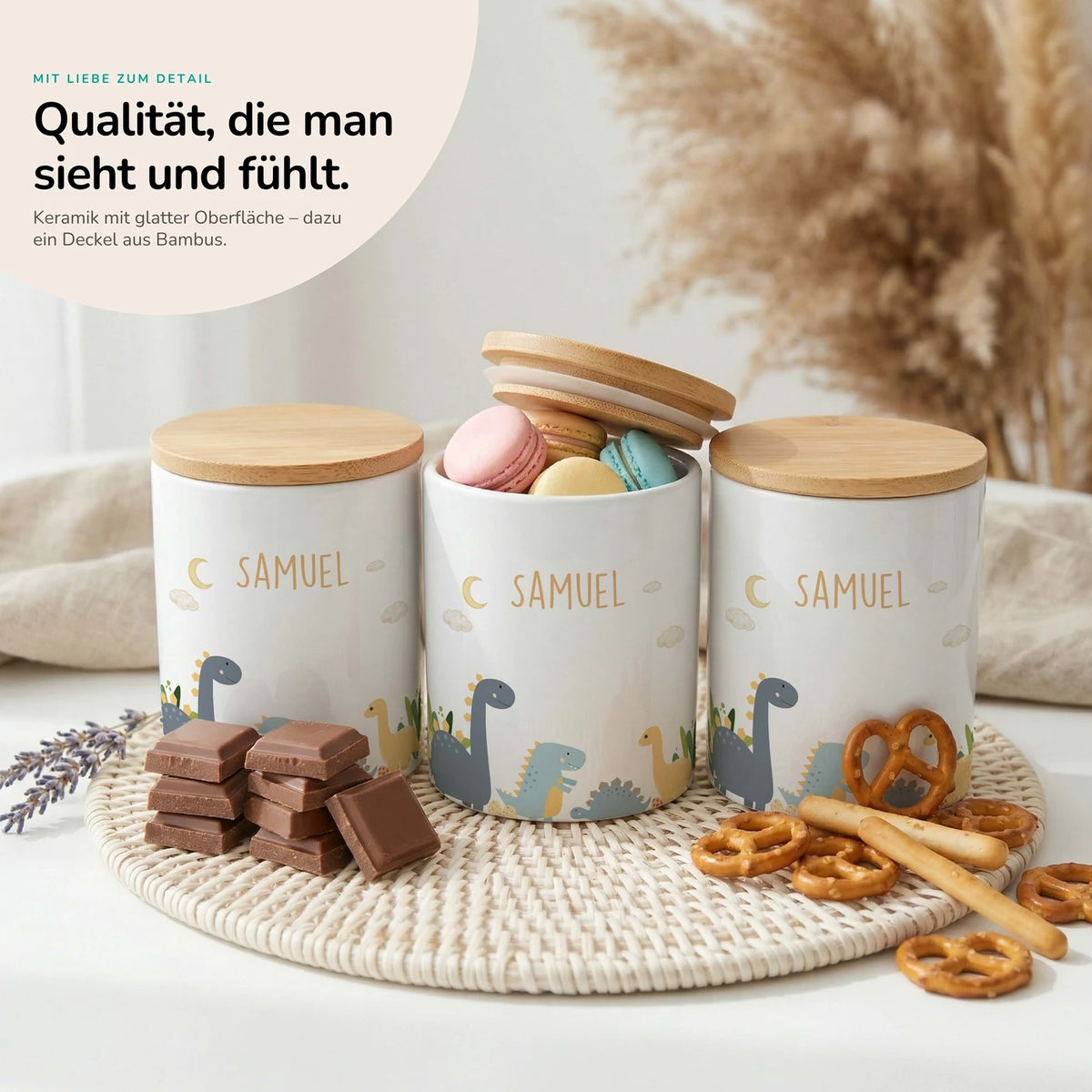 Personalisierte Keksdose Dinosaurier Mond – Keramik & Bambus mit Wunschname