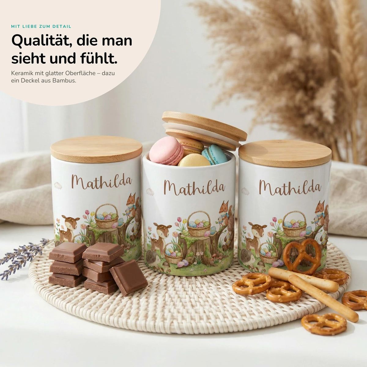Personalisierte Keksdose Ostern Rehkitz – Keramik & Bambus mit Wunschname