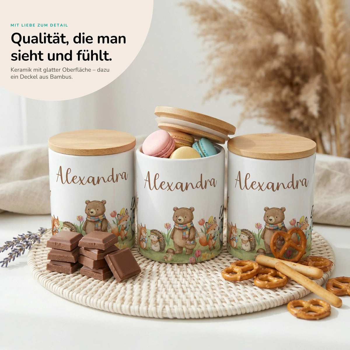 Personalisierte Keksdose Herbst-Waldtiere – Keramik & Bambus mit Wunschname