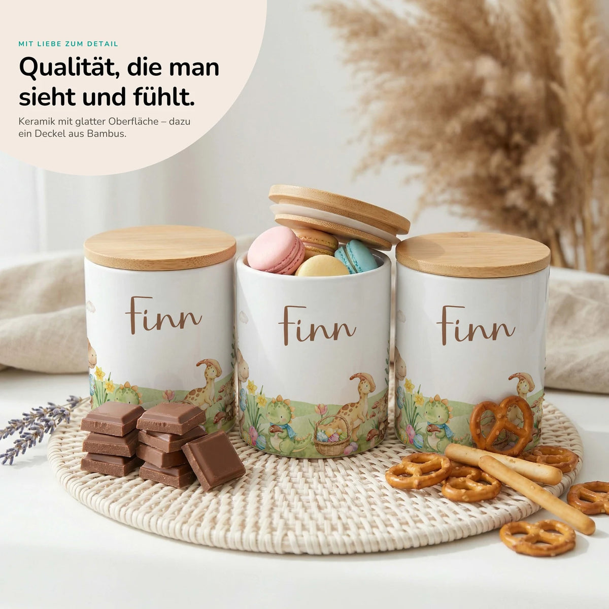 Personalisierte Keksdose Dinos Ostern – Keramik & Bambus mit Wunschname