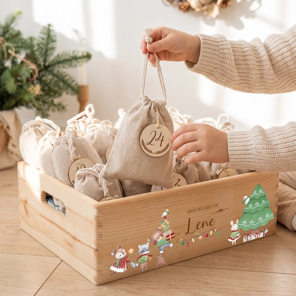 Adventskalender zum Befüllen "Tiere und Weihnachtsbaum" personalisiert