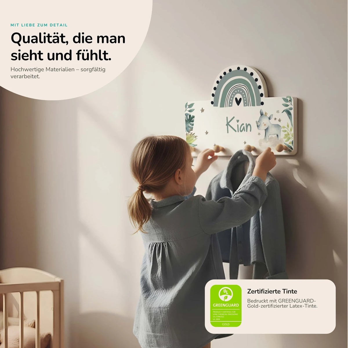 Kindergarderobe Holz personalisiert - Nashorn