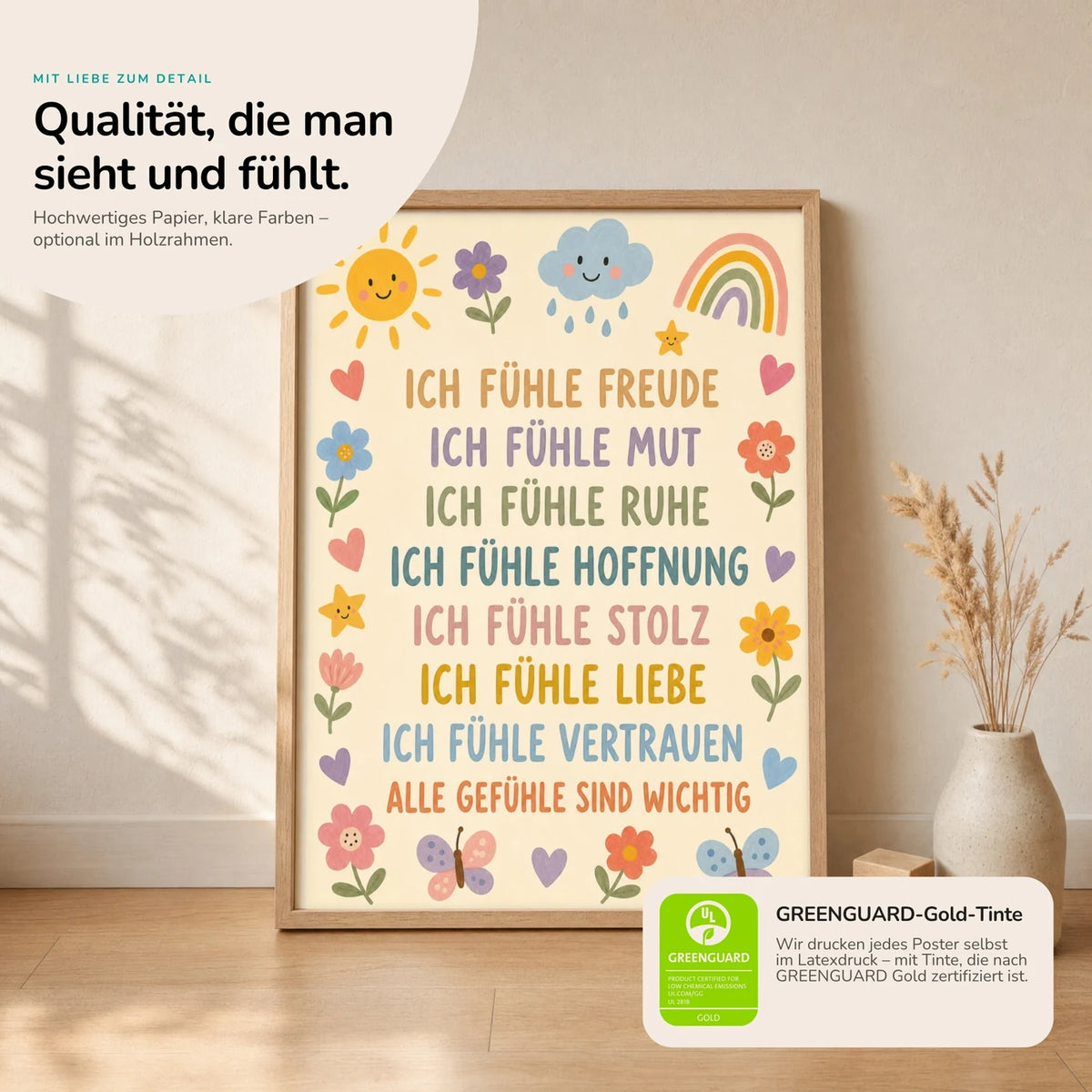 Kinderposter „Blumenwiese Gefühle“ im Holzrahmen auf dem Regal – Poster mit Sprüchen fürs Kinderzimmer