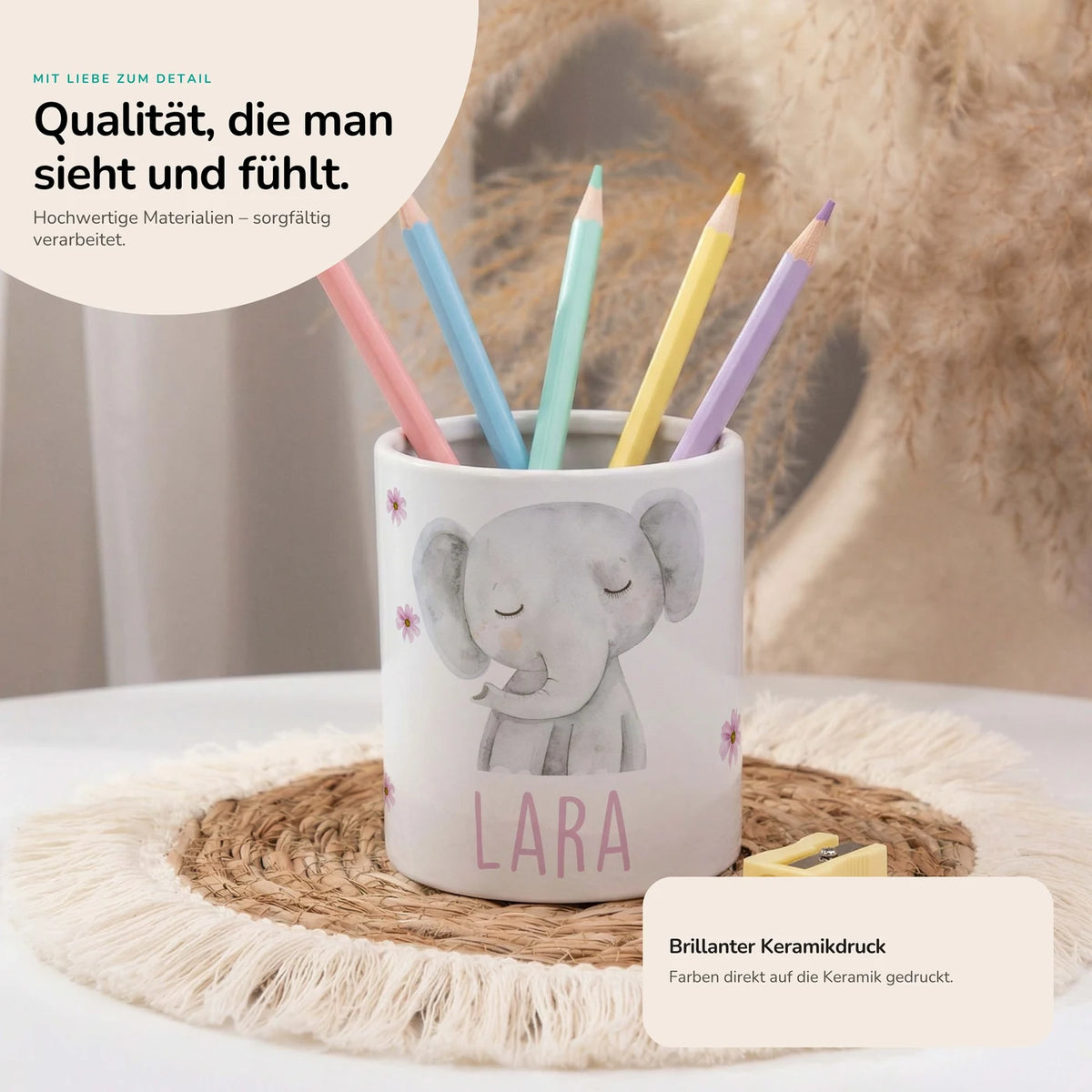 Personalisierter Stiftehalter Elefant Blumen – Keramik mit Wunschname