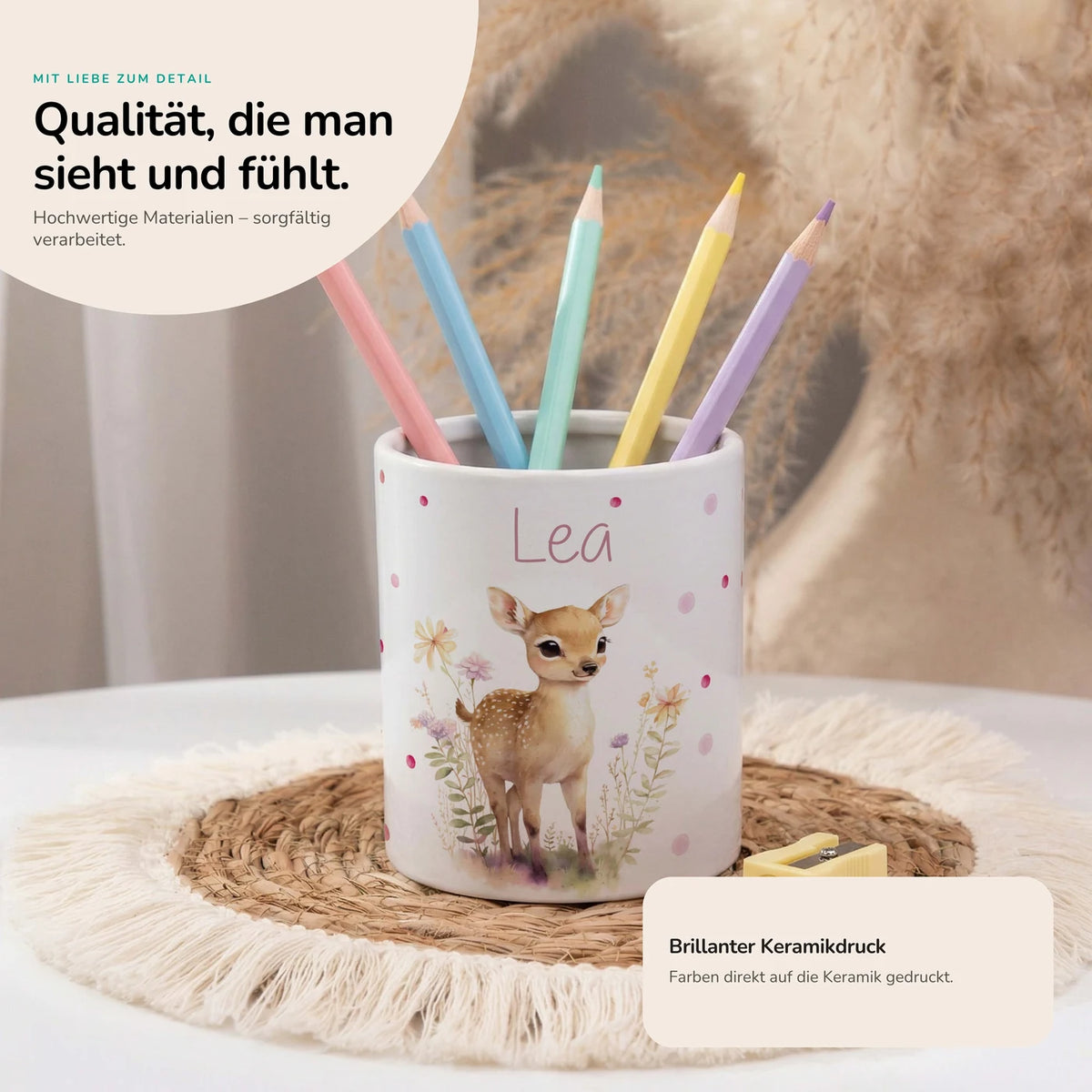 Personalisierter Stiftehalter Rehkitz Blumenwiese – Keramik mit Wunschname