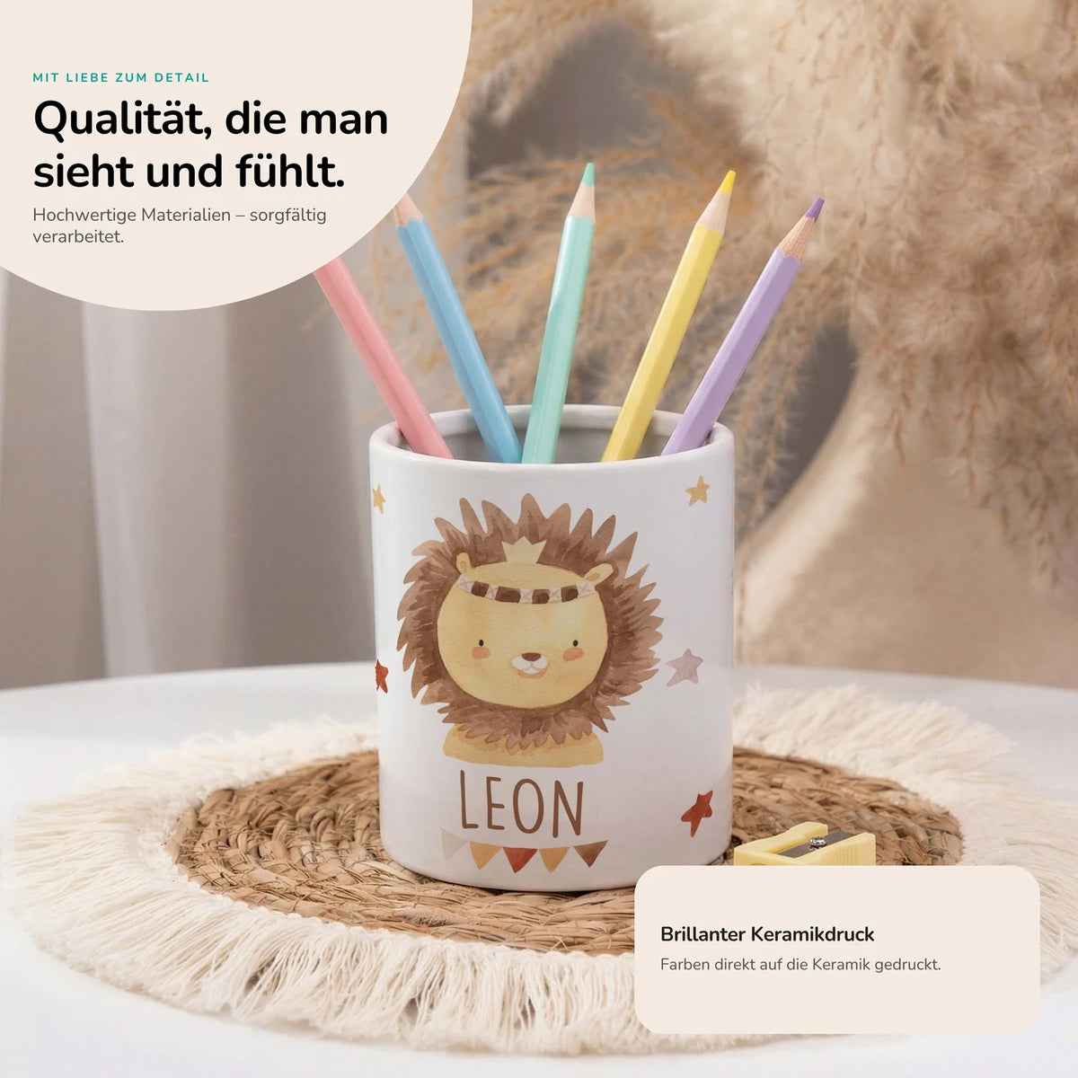 Personalisierter Stiftehalter Löwe Boho – Keramik mit Wunschname