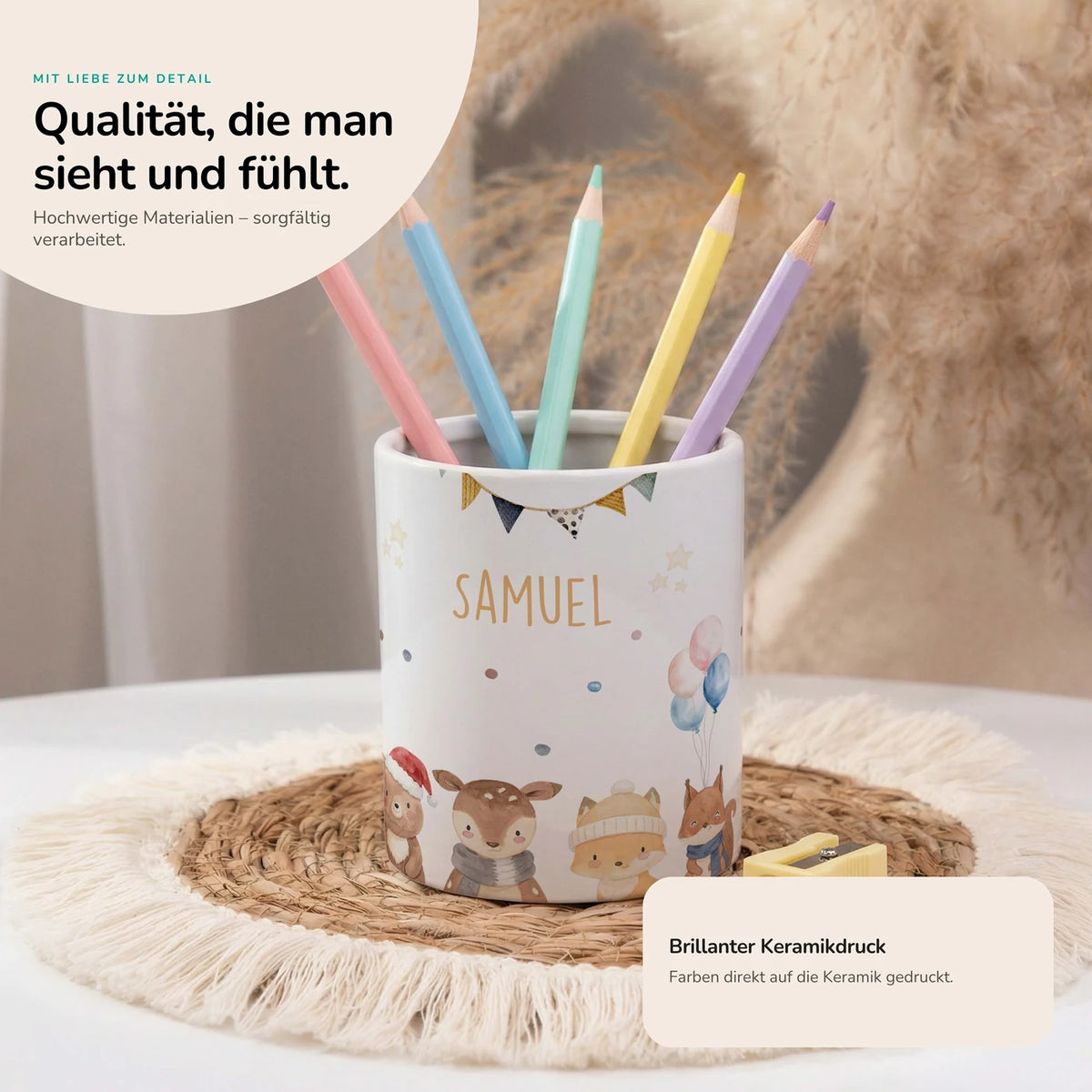Personalisierter Stiftehalter Waldtiere Geburtstag – Keramik mit Wunschname