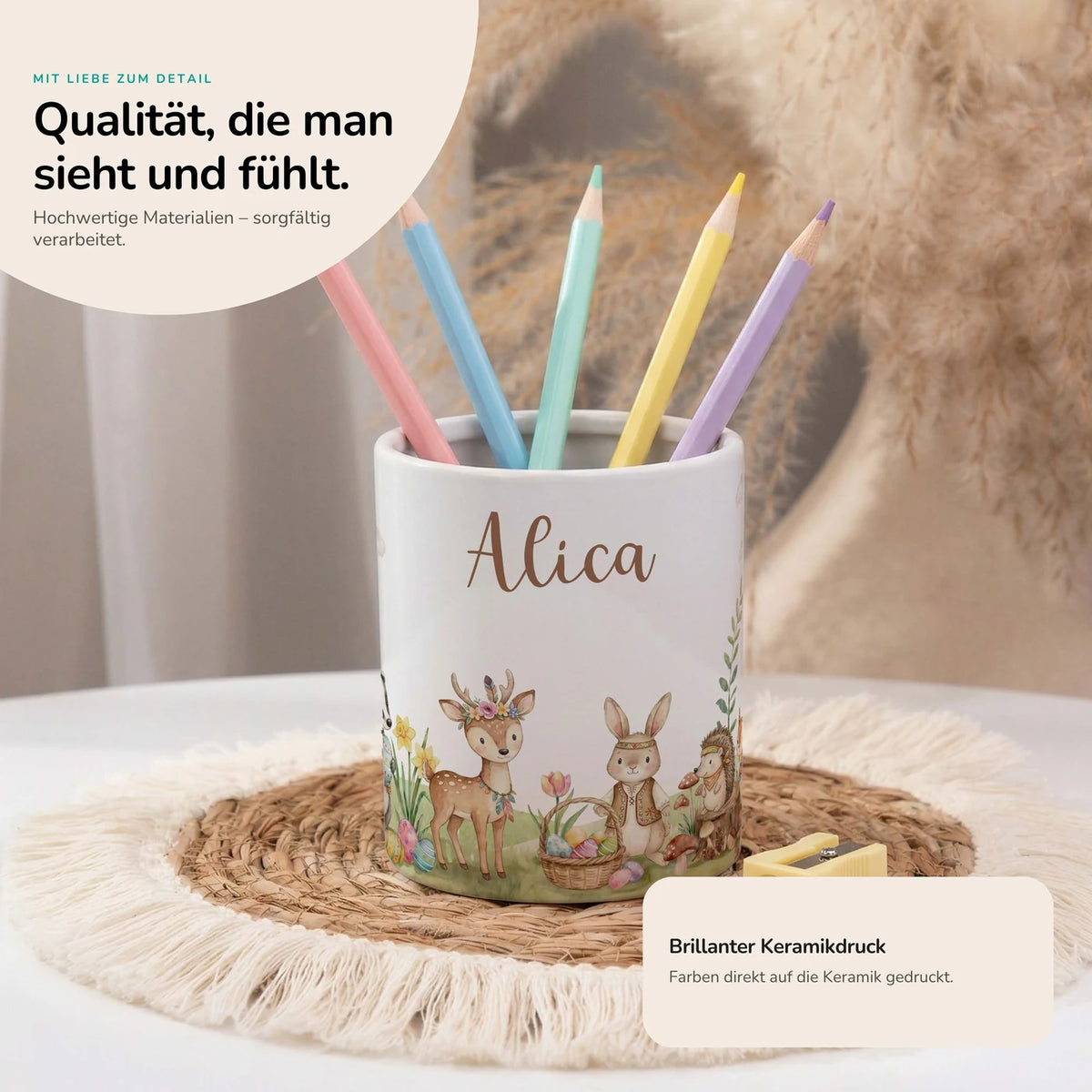 Personalisierter Stiftehalter Ostern Waldtiere-Treff – mit Wunschname