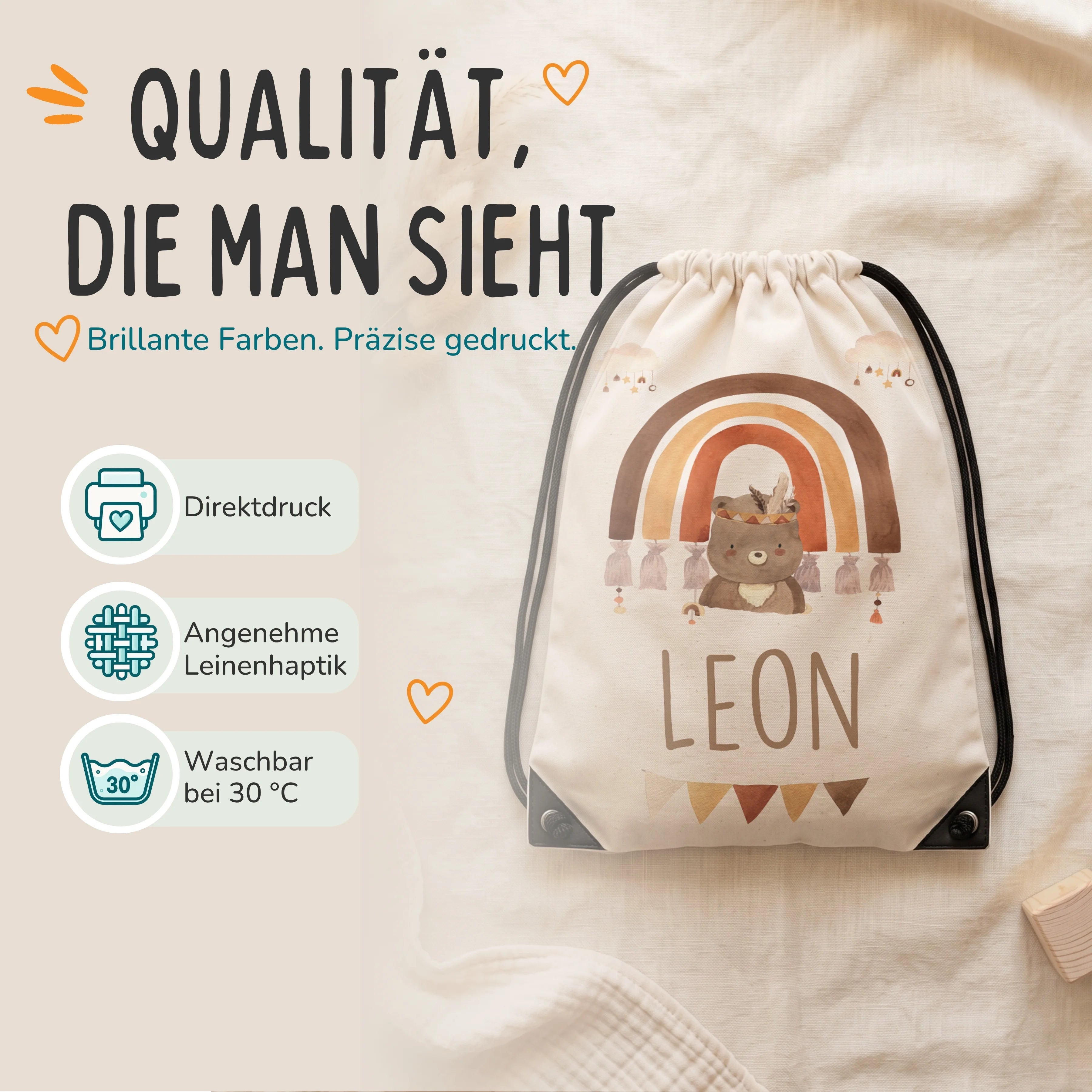 Personalisierter Turnbeutel Boho Bär Regenbogen, Direktdruck auf Polyester mit Leinenhaptik, waschbar bei 30 °C
