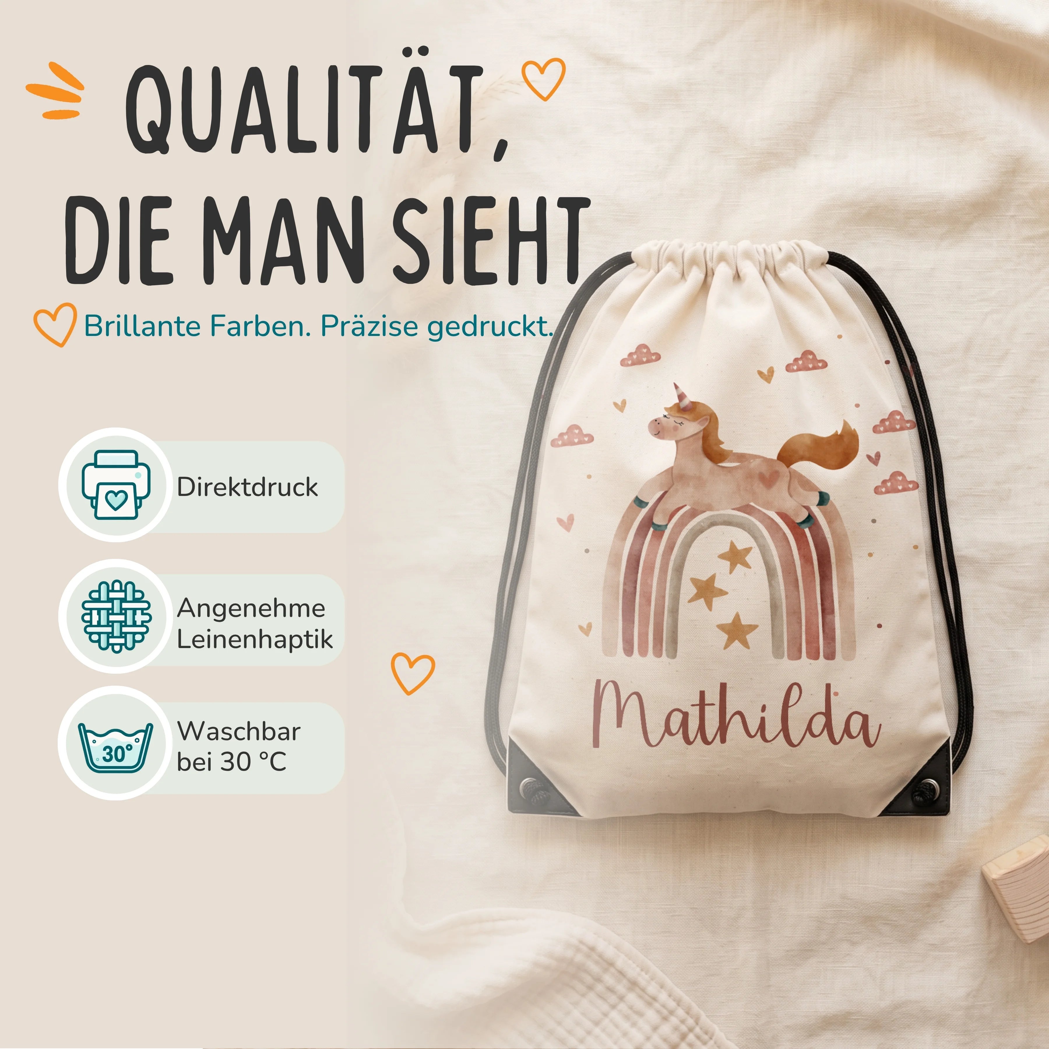 Personalisierter Turnbeutel Einhorn Regenbogen, Direktdruck auf Polyester mit Leinenhaptik, waschbar bei 30 °C