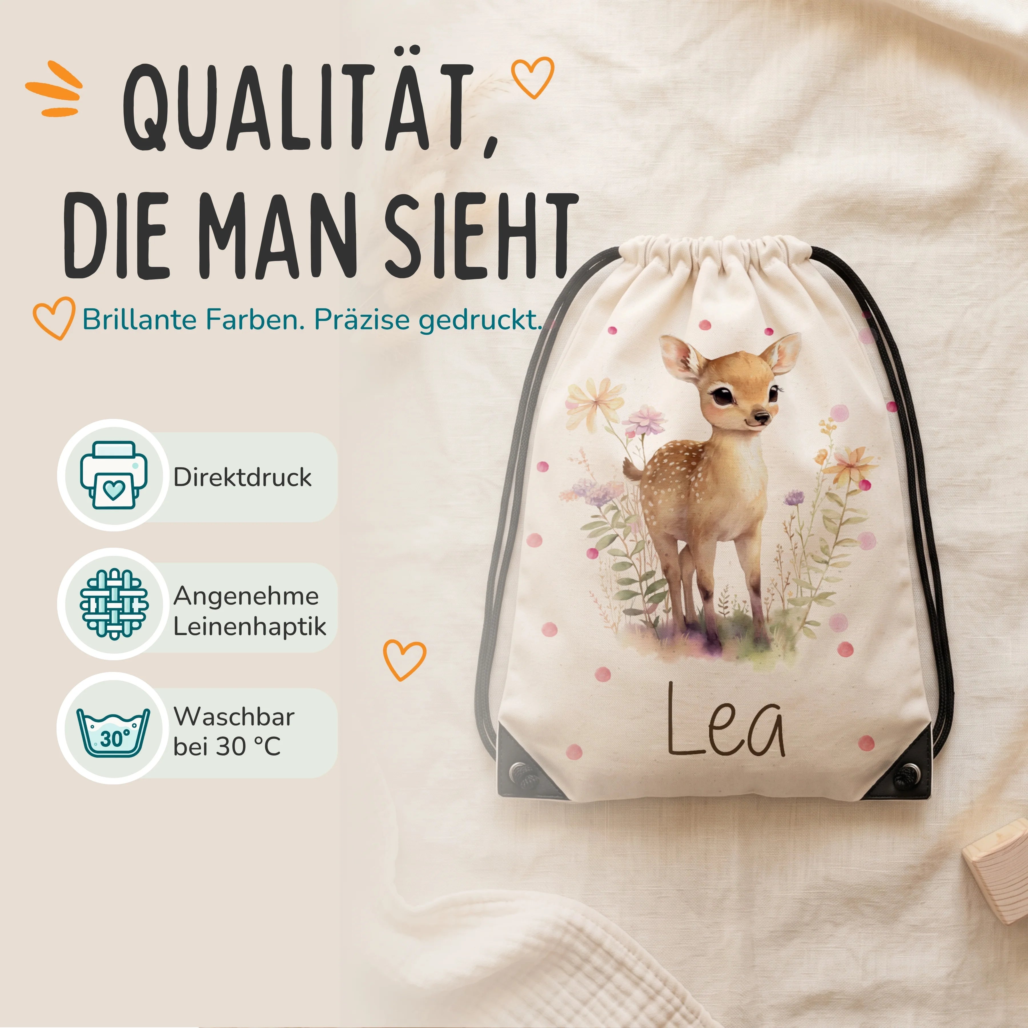 Personalisierter Turnbeutel Reh, Direktdruck auf Polyester mit Leinenhaptik, waschbar bei 30 °C