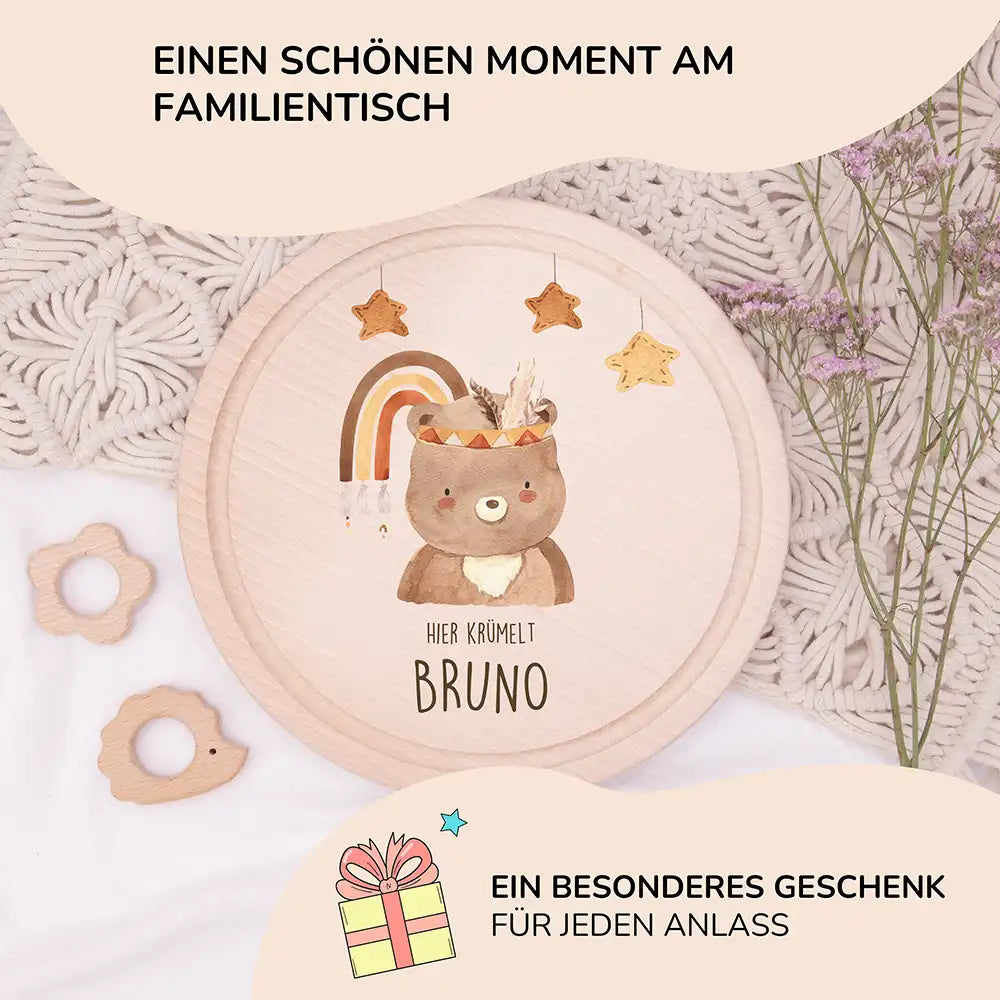 Rundes personalisiertes Frühstücksbrettchen Boho Bär mit Namen für Kinder