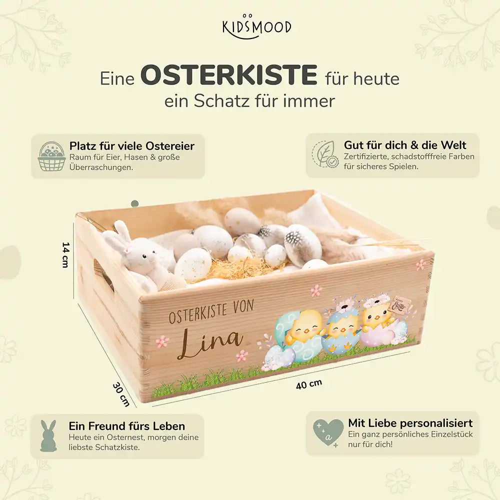 Osterkiste Holz personalisiert - Kükenfamilie