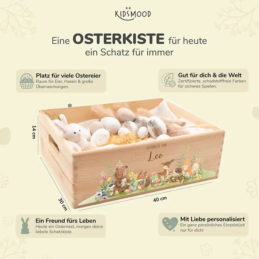 Osterkiste Holz personalisiert - Glückliche Tiere