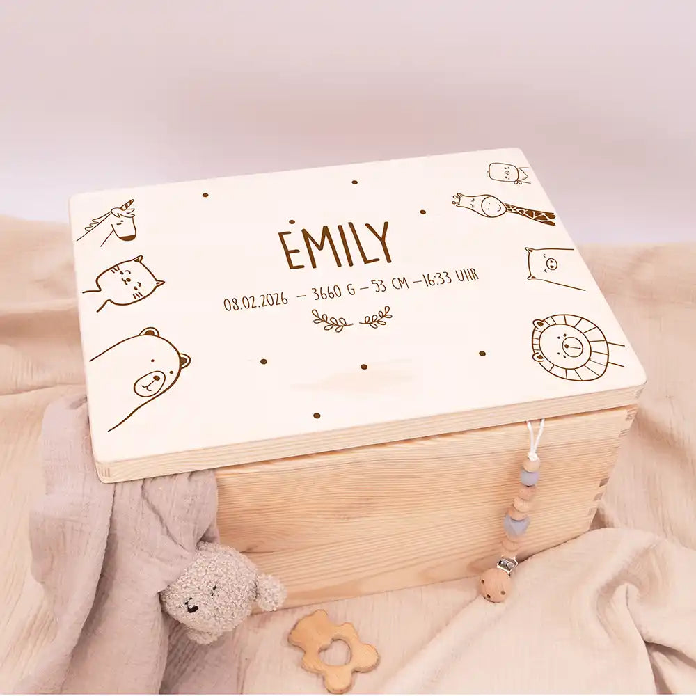 Erinnerungsbox Baby -  fröhliche Tierfamilie