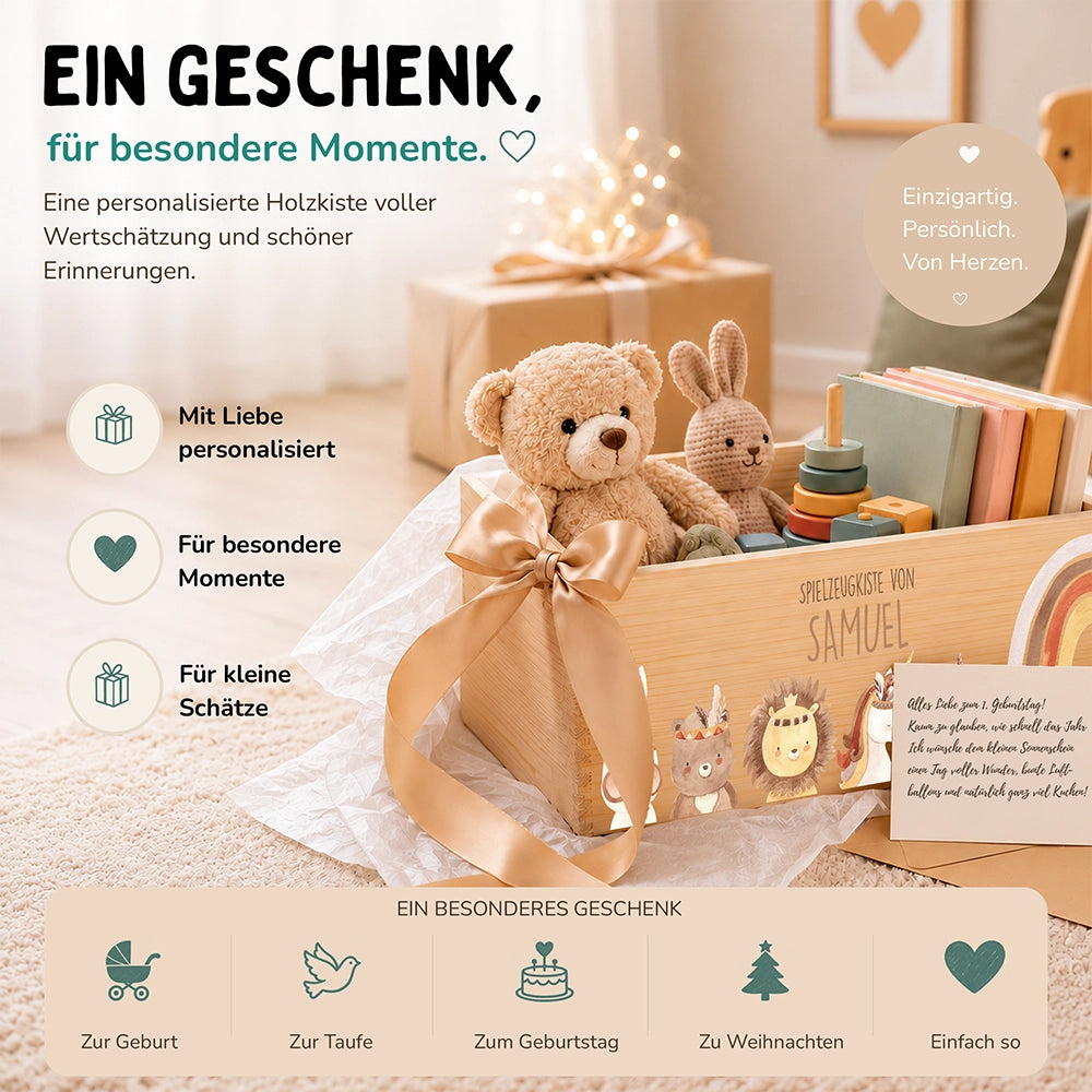 Spielzeugkiste personalisiert mit Namen - Boho Tiere