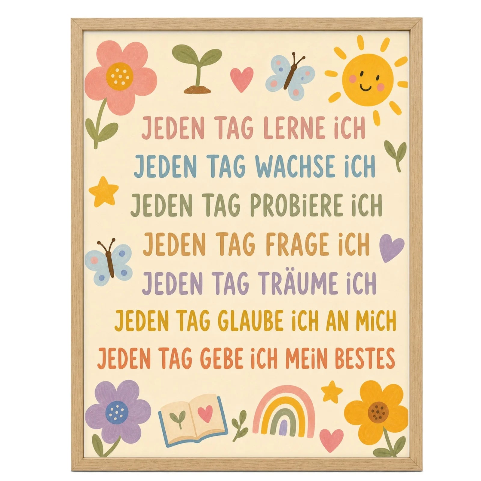 Affirmationsposter Kinderzimmer Blumenwiese Jeden Tag, im Mädchenzimmer